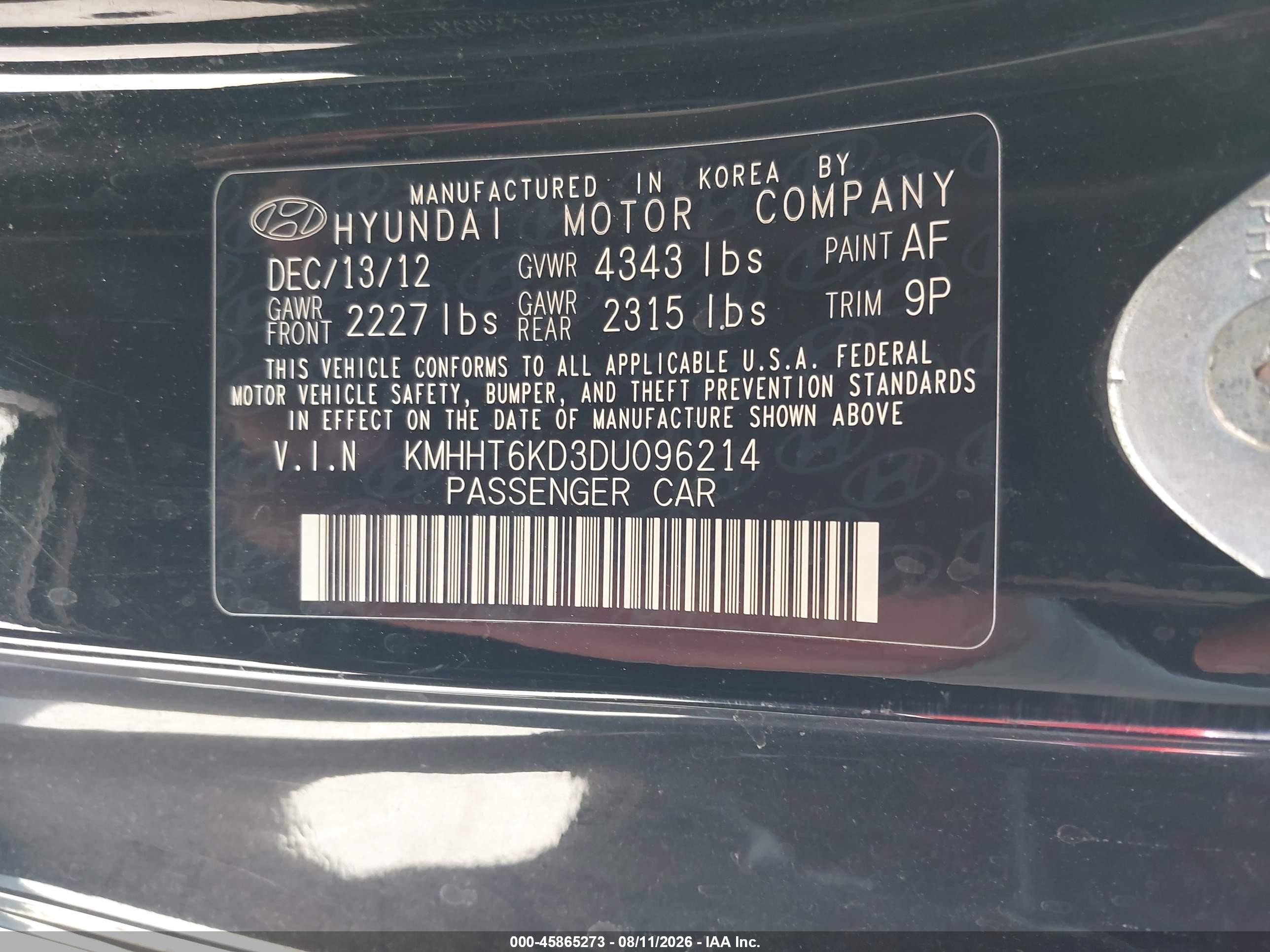 2013 Hyundai Genesis 2.0t Black vin: KMHHT6KD3DU096214