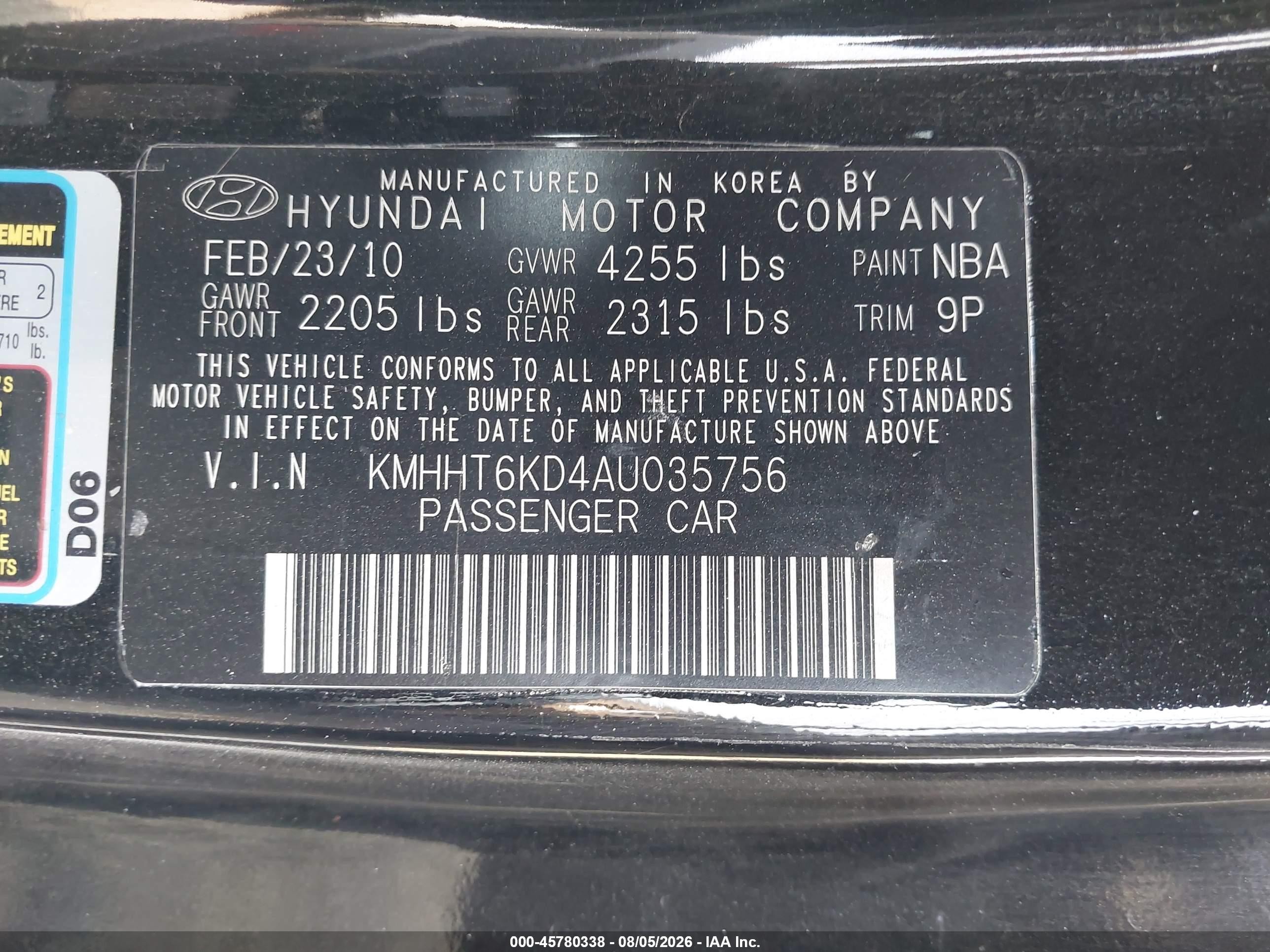 2010 Hyundai Genesis 2.0t Black vin: KMHHT6KD4AU035756