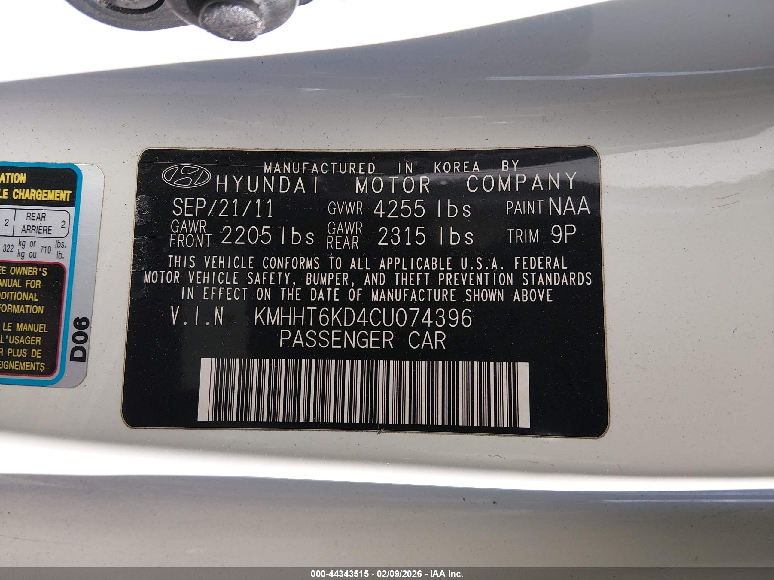2012 Hyundai Genesis 2.0t White vin: KMHHT6KD4CU074396