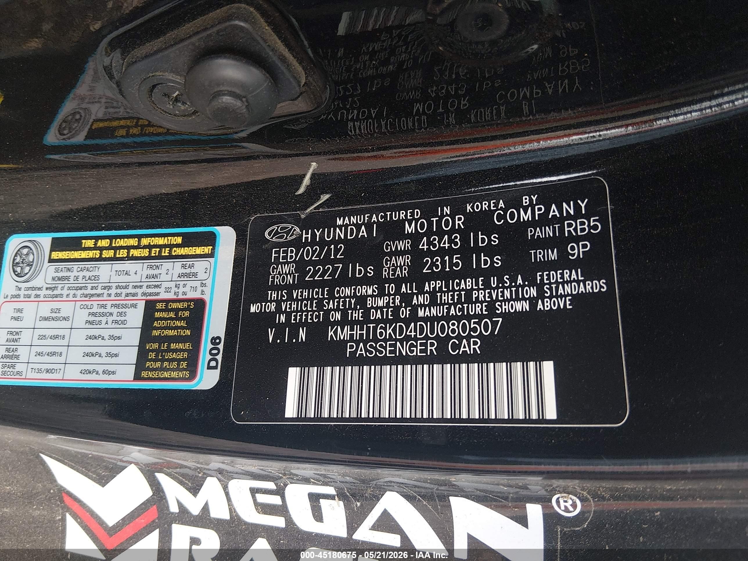 2013 Hyundai Genesis 2.0t Premium Black vin: KMHHT6KD4DU080507