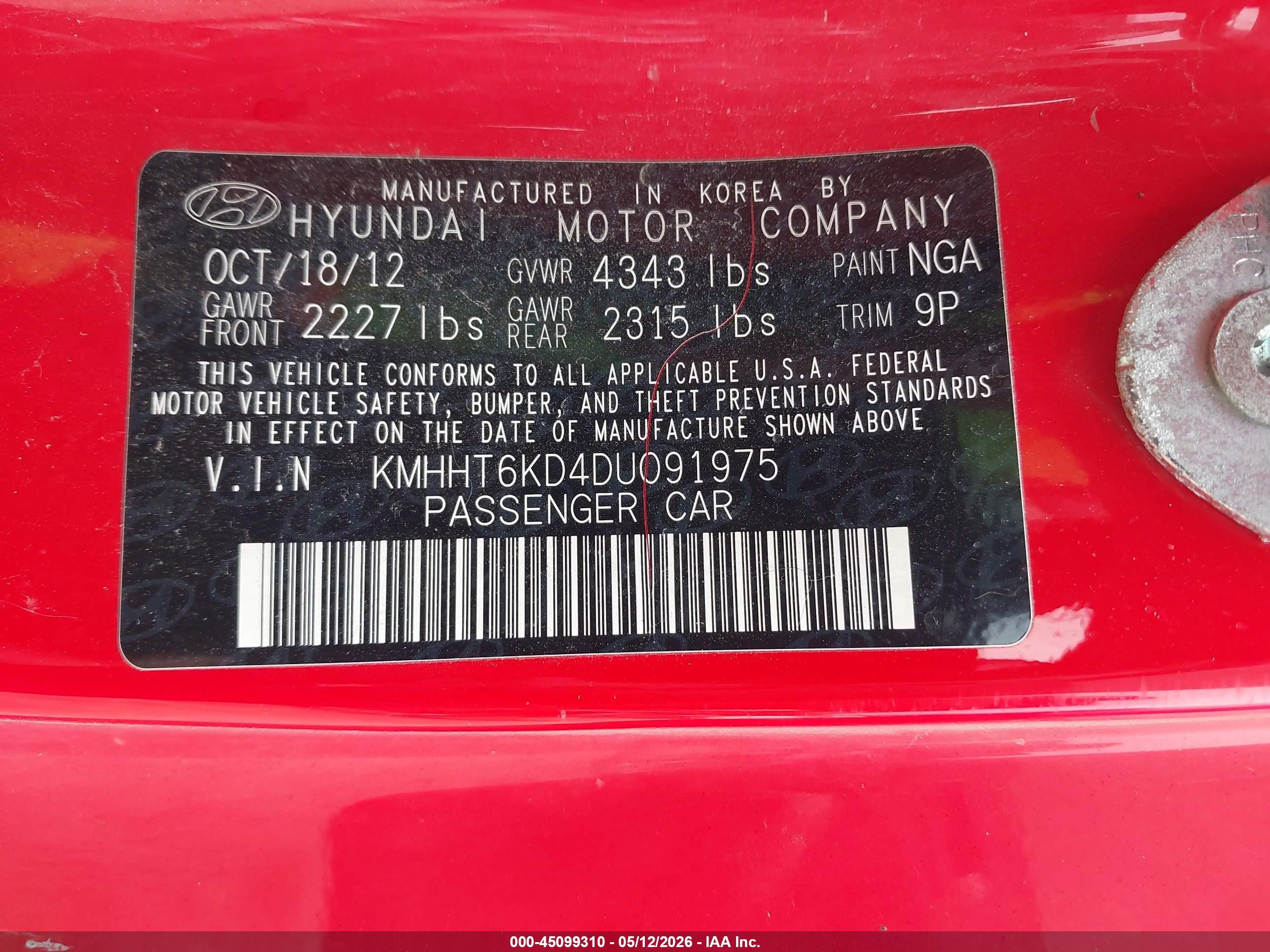 2013 Hyundai Genesis 2.0t Red vin: KMHHT6KD4DU091975