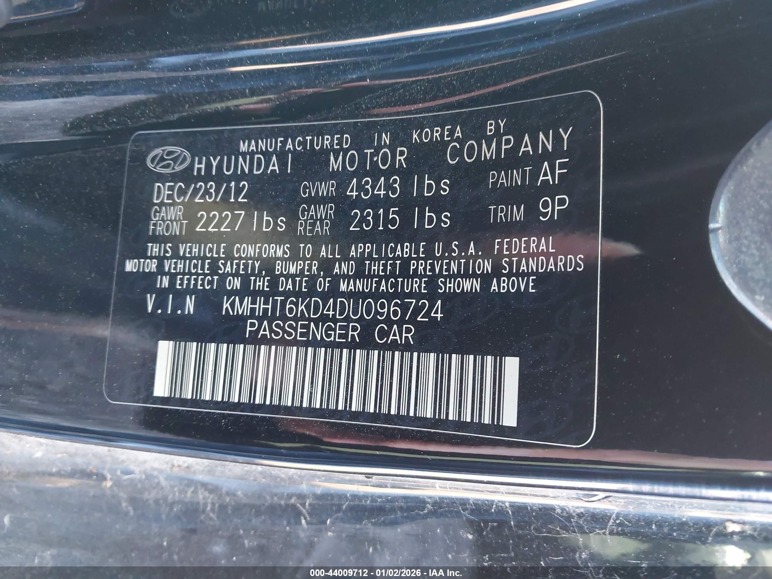 2013 Hyundai Genesis 2.0t Premium Black vin: KMHHT6KD4DU096724