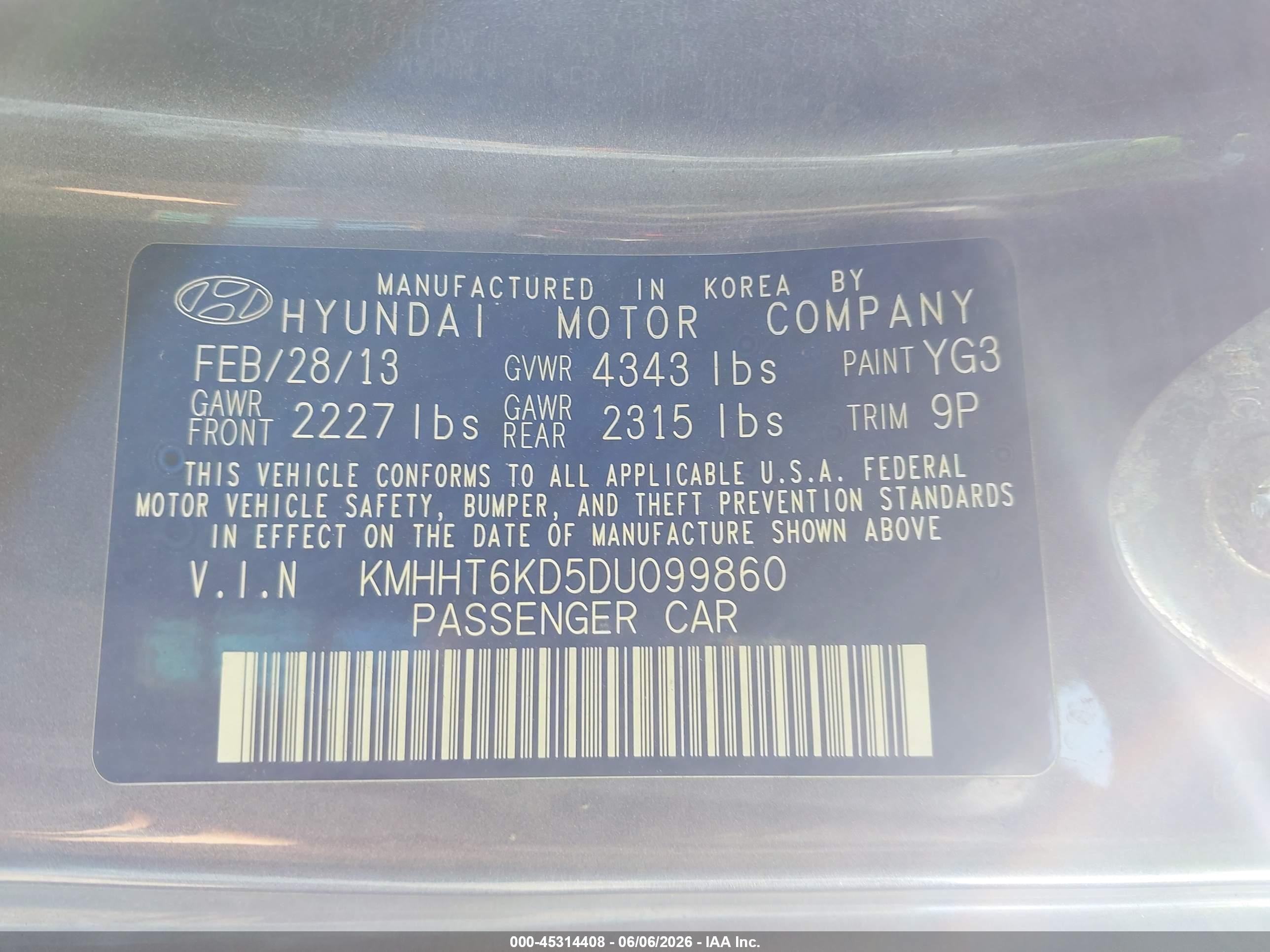2013 Hyundai Genesis 2.0t Gray vin: KMHHT6KD5DU099860