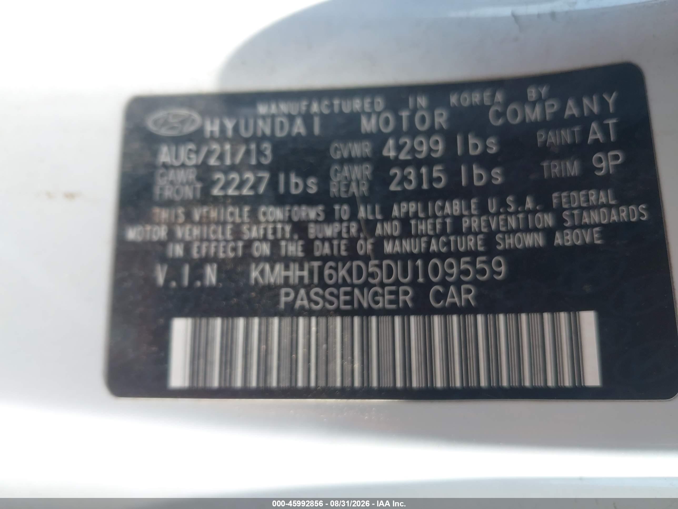 2013 Hyundai Genesis 2.0t White vin: KMHHT6KD5DU109559