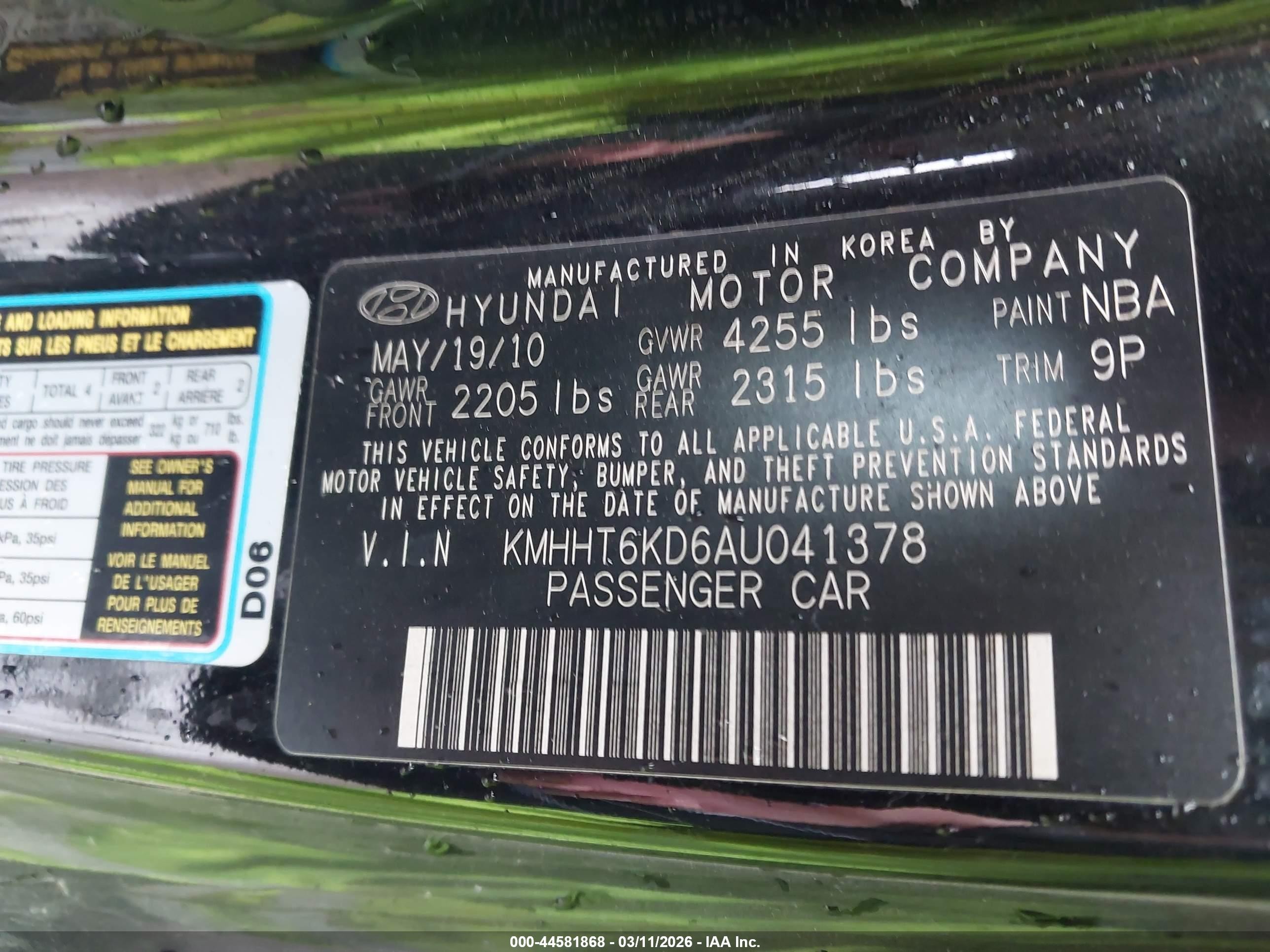 2010 Hyundai Genesis 2.0t Premium Black vin: KMHHT6KD6AU041378