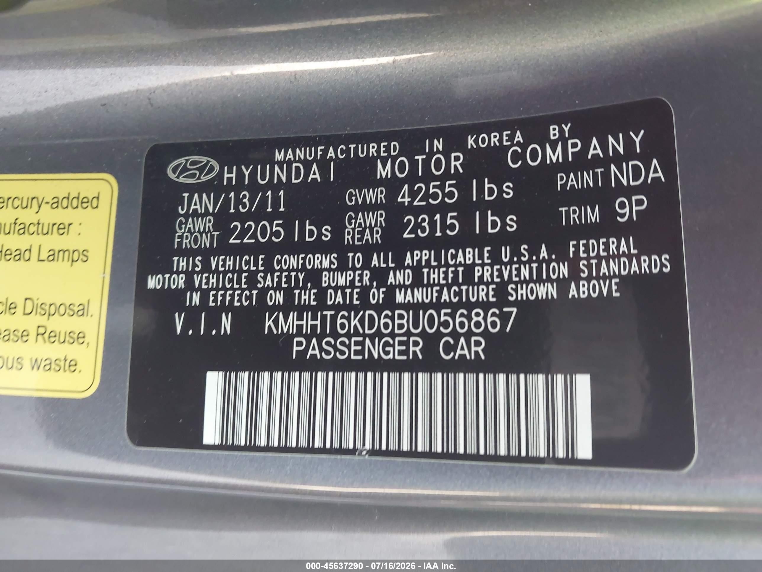 2011 Hyundai Genesis 2.0t Premium Gray vin: KMHHT6KD6BU056867