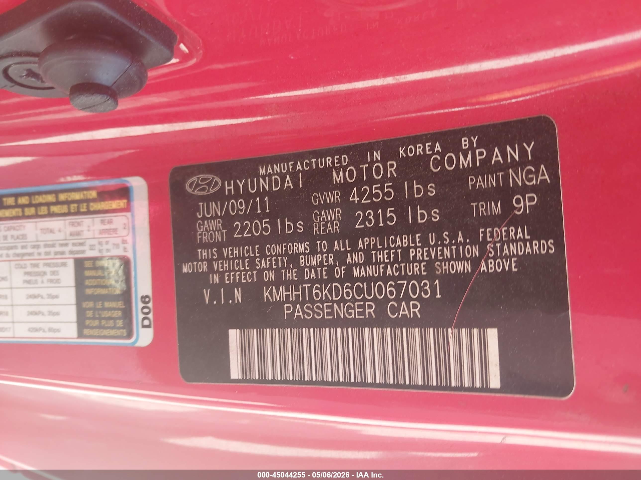 2012 Hyundai Genesis 2.0t Red vin: KMHHT6KD6CU067031