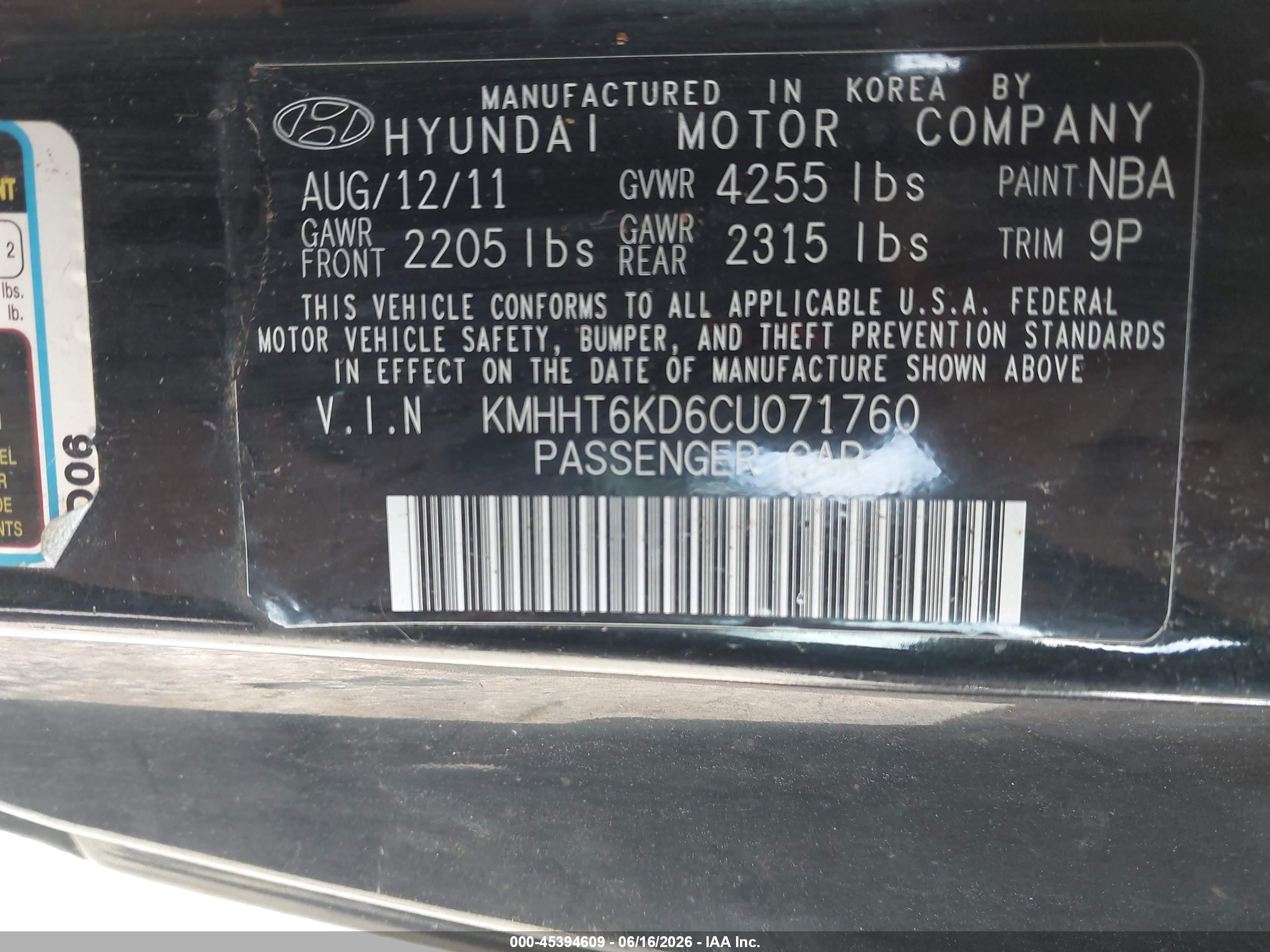 2012 Hyundai Genesis 2.0t Black vin: KMHHT6KD6CU071760
