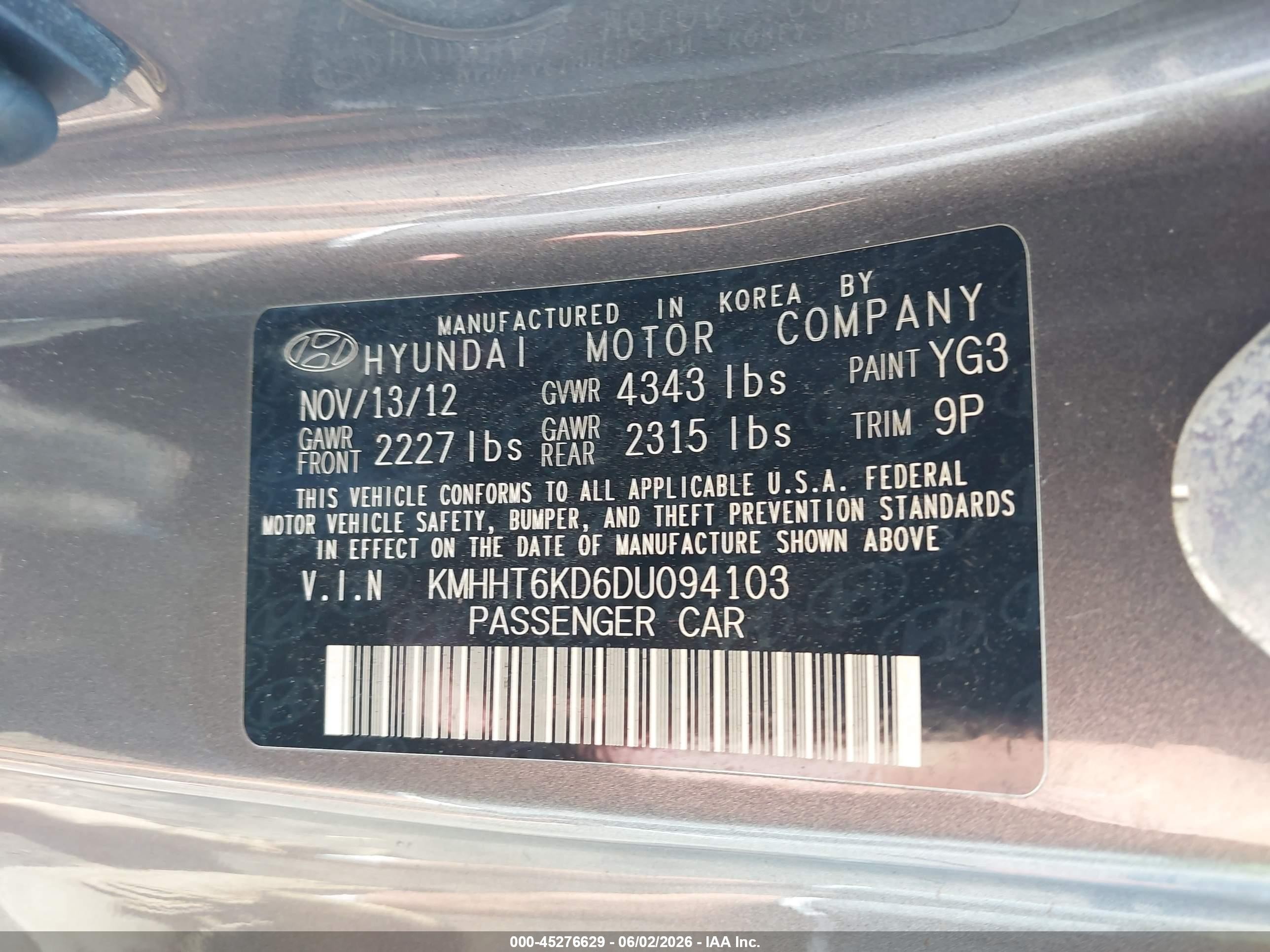 2013 Hyundai Genesis 2.0t Gray vin: KMHHT6KD6DU094103