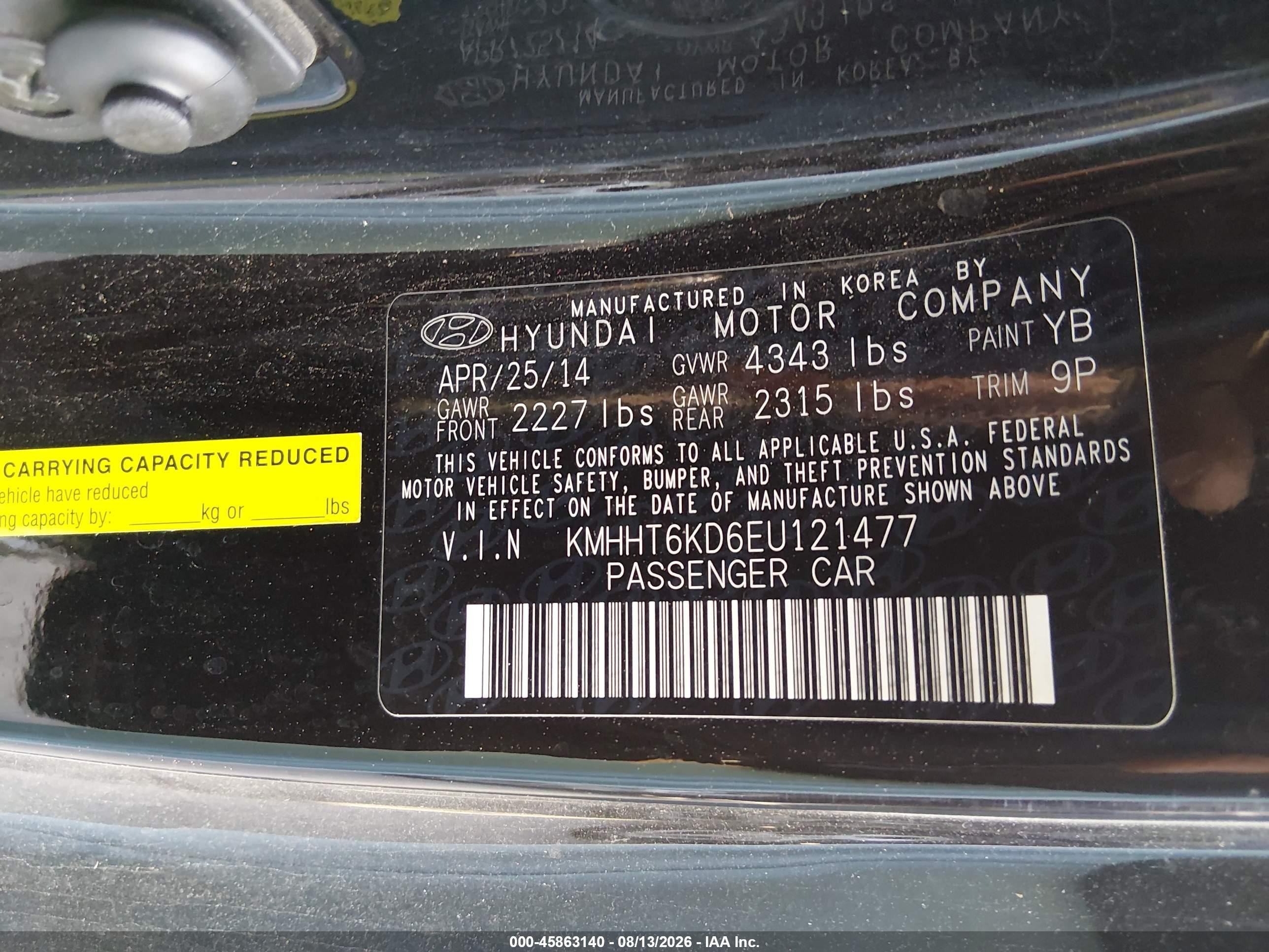 2014 Hyundai Genesis 2.0t Premium Black vin: KMHHT6KD6EU121477