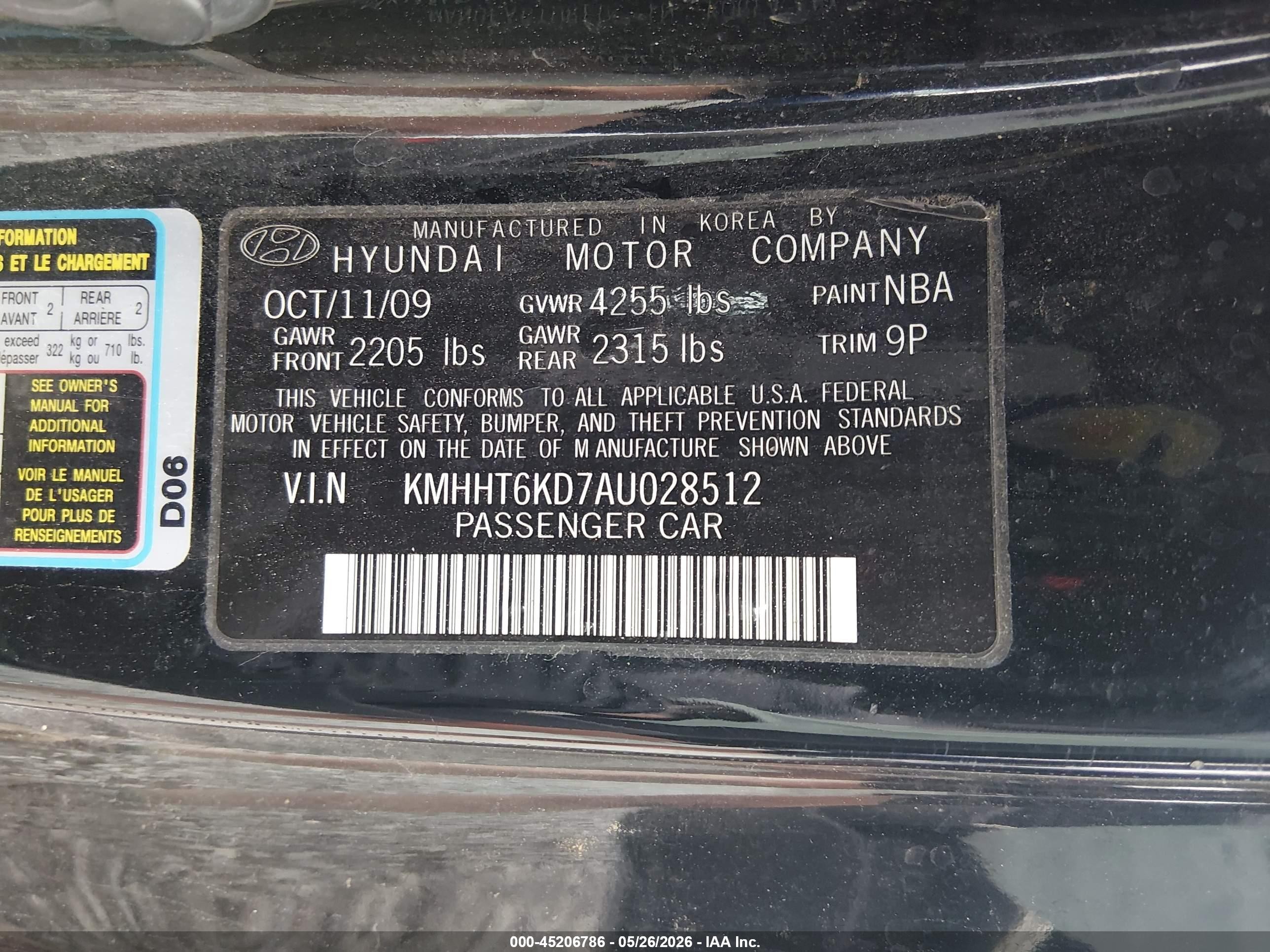 2010 Hyundai Genesis 2.0t Black vin: KMHHT6KD7AU028512