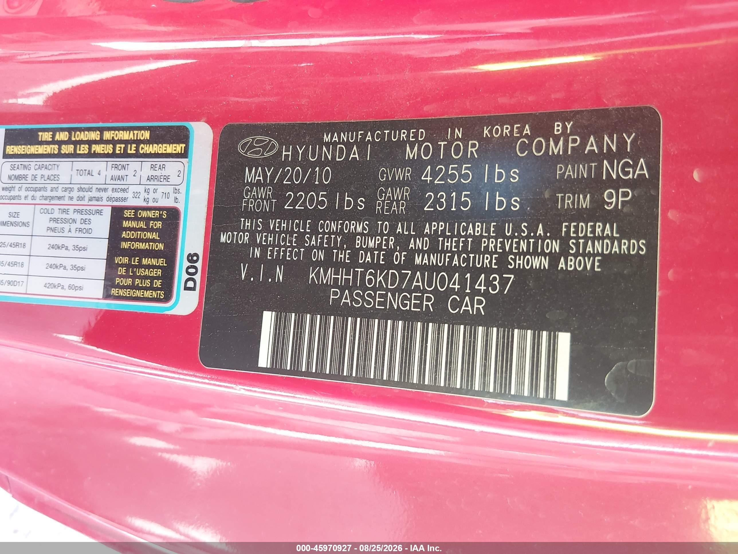 2010 Hyundai Genesis 2.0t Red vin: KMHHT6KD7AU041437