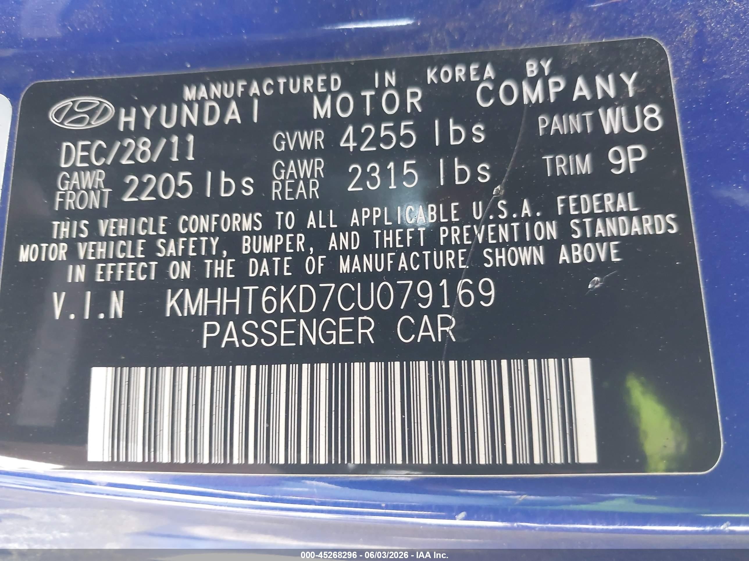 2012 Hyundai Genesis 2.0t Синий vin: KMHHT6KD7CU079169