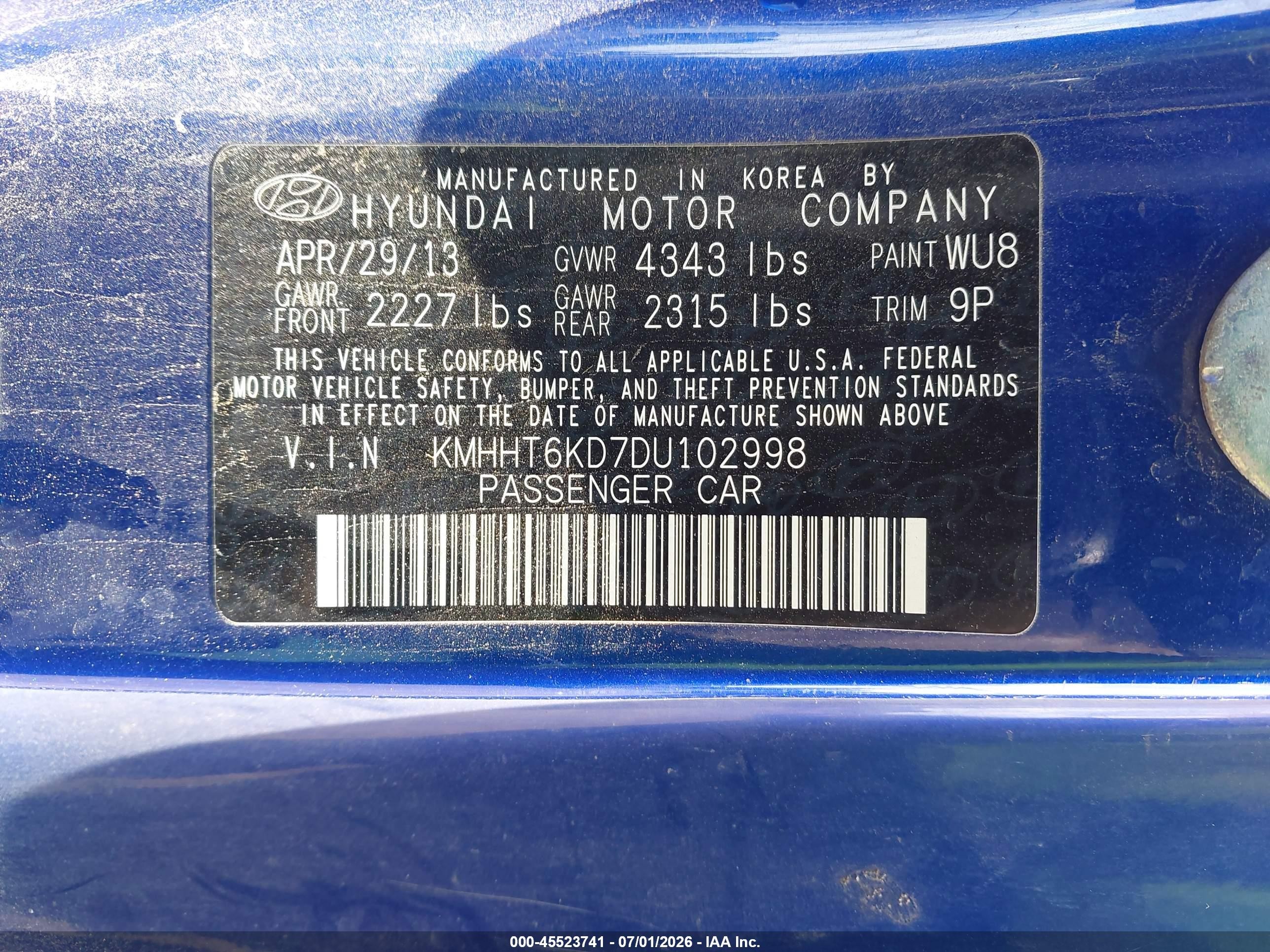 2013 Hyundai Genesis 2.0t Blue vin: KMHHT6KD7DU102998