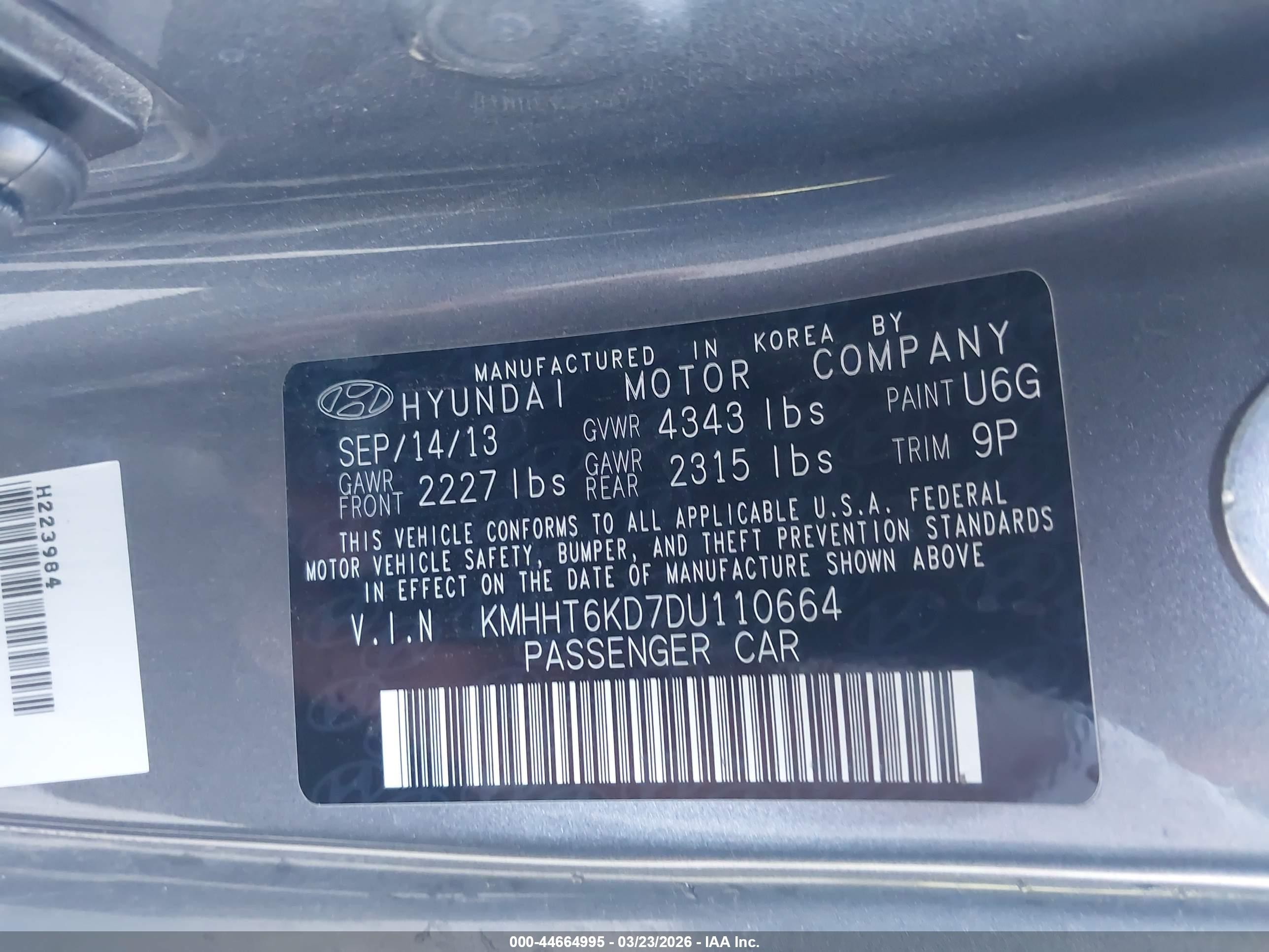 2013 Hyundai Genesis 2.0t Gray vin: KMHHT6KD7DU110664