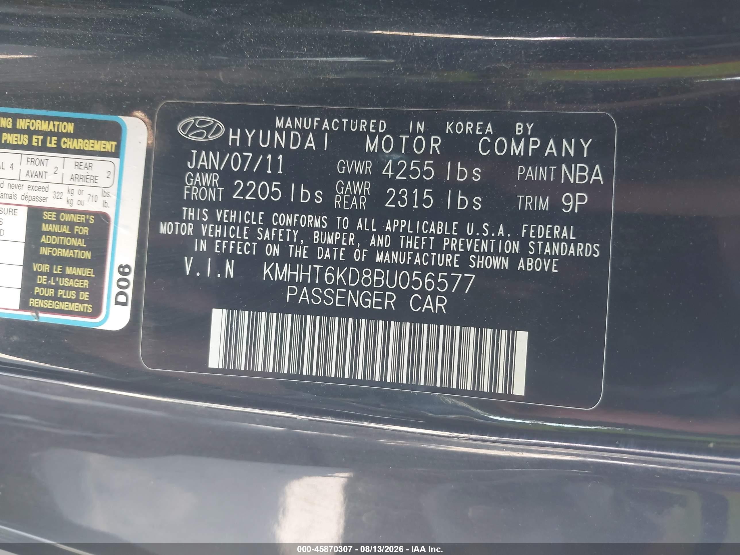 2011 Hyundai Genesis 2.0t Черный vin: KMHHT6KD8BU056577