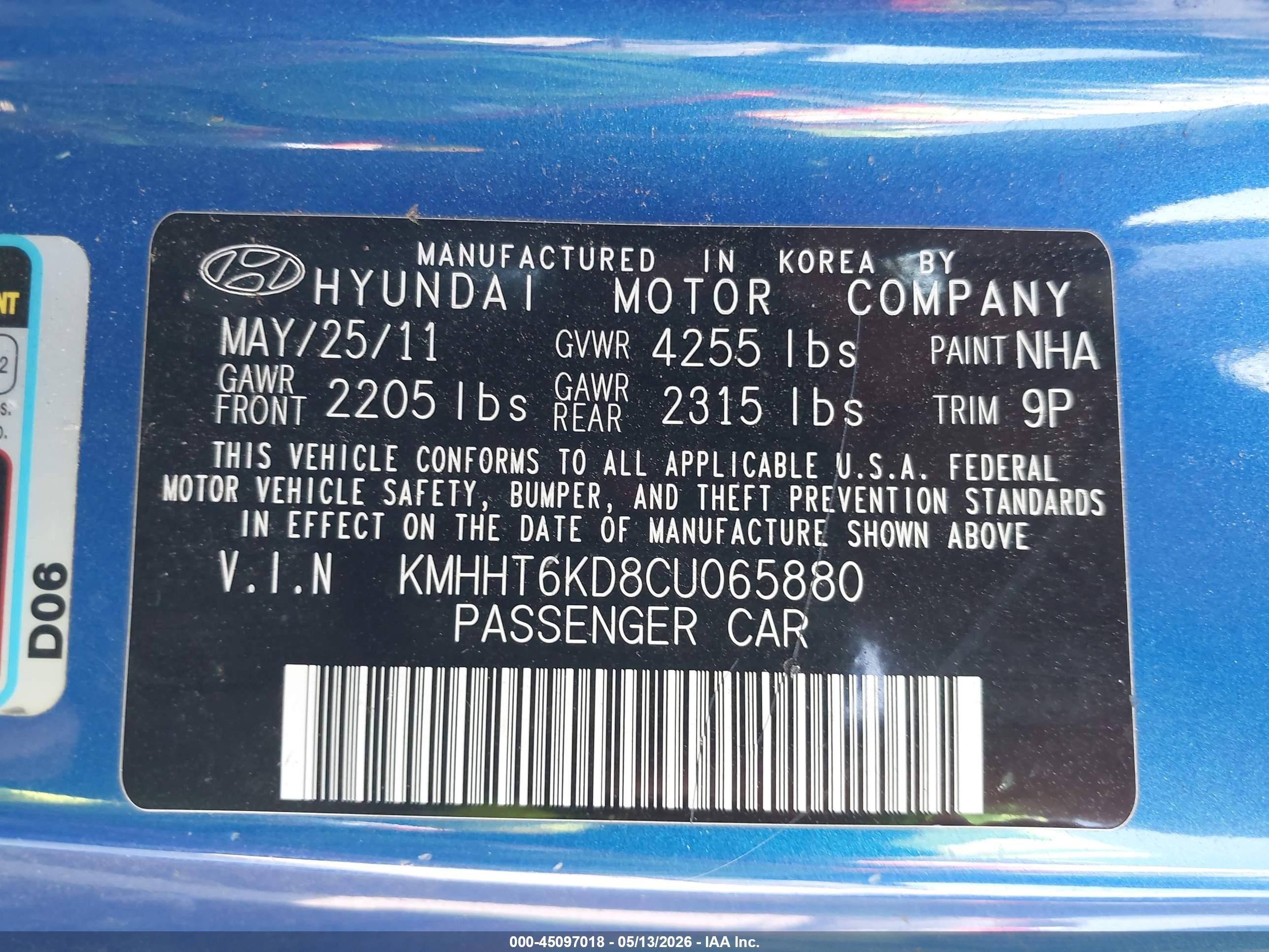 2012 Hyundai Genesis 2.0t Blue vin: KMHHT6KD8CU065880