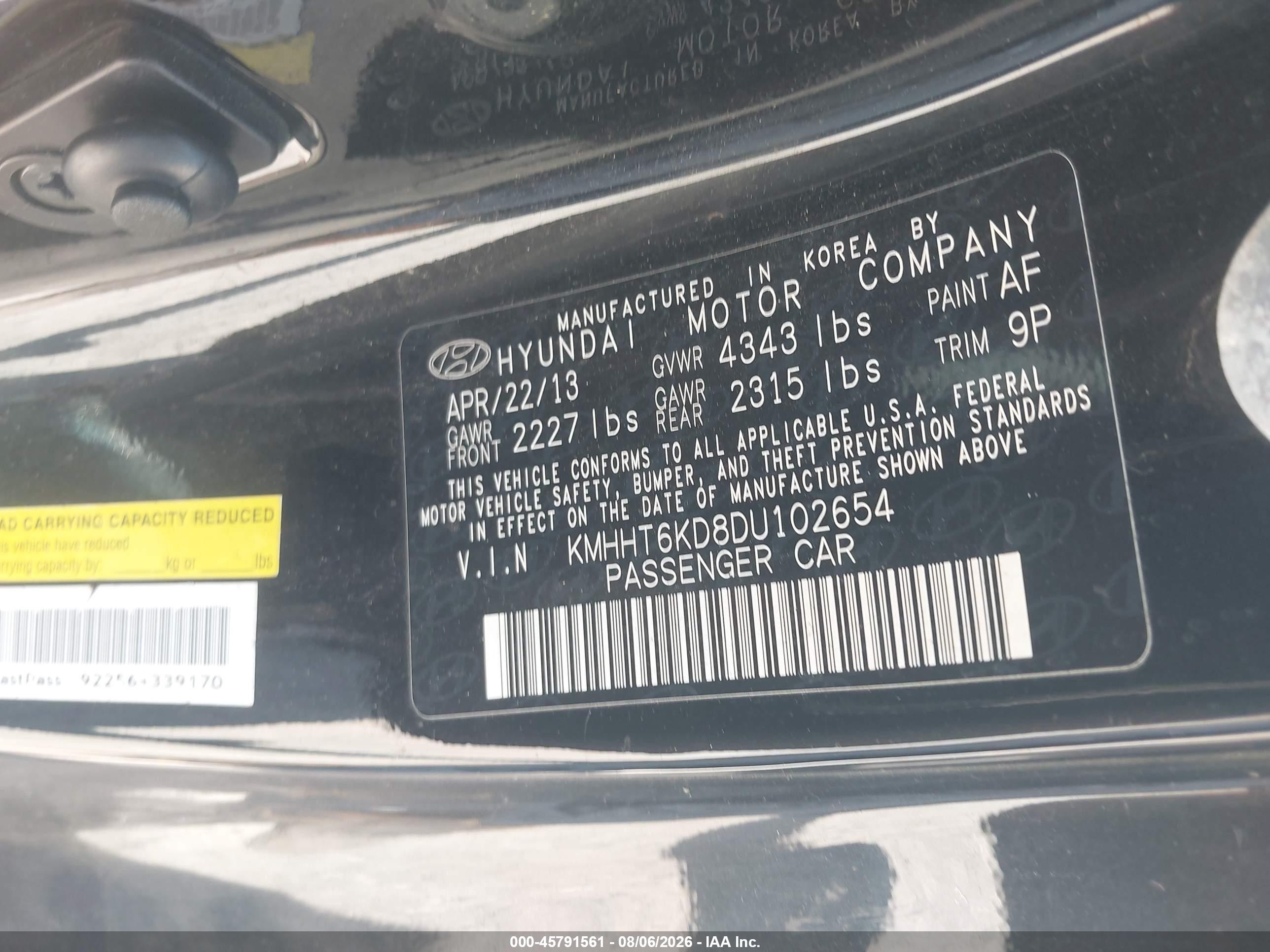 2013 Hyundai Genesis 2.0t Premium Черный vin: KMHHT6KD8DU102654