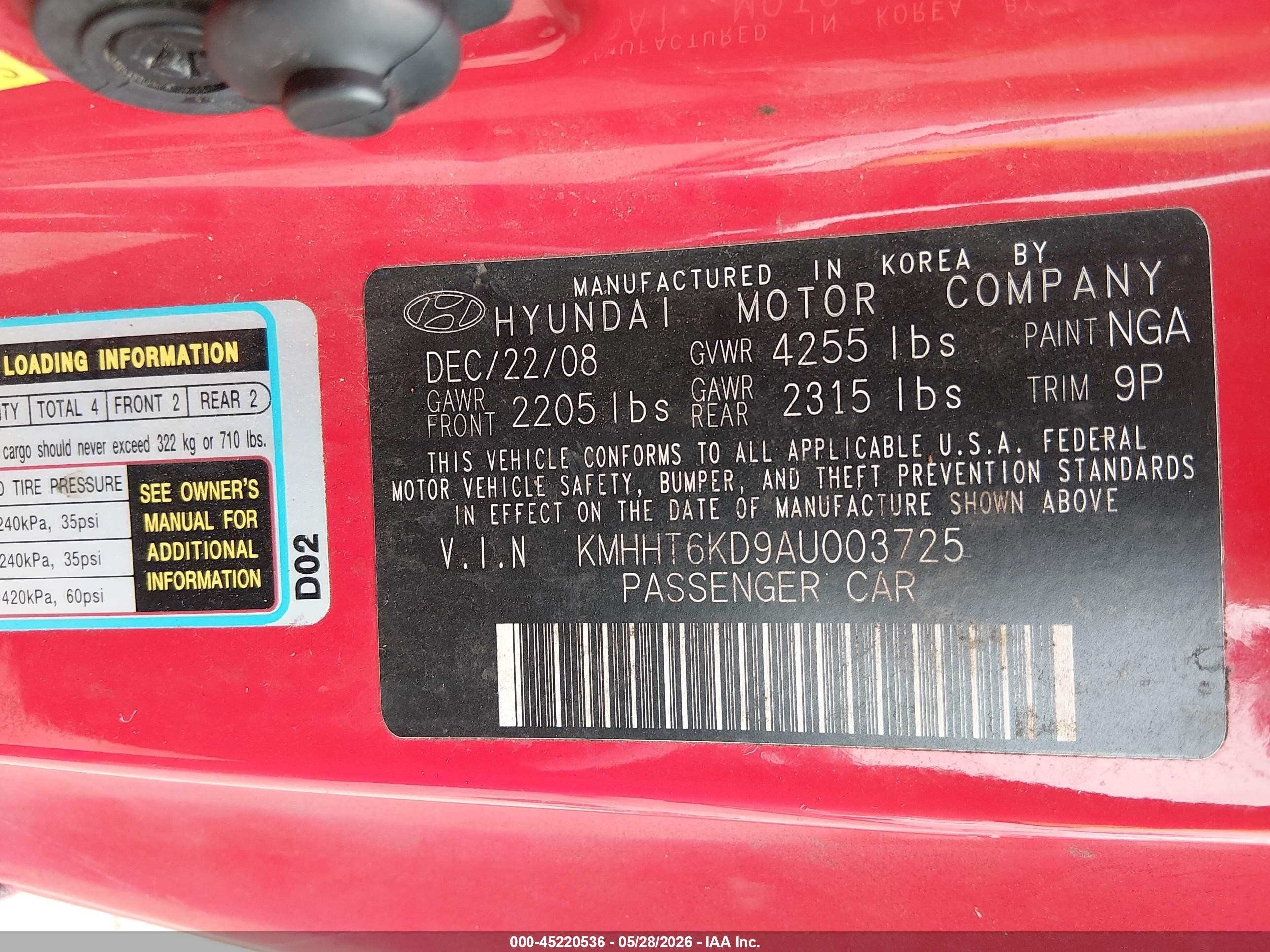 2010 Hyundai Genesis 2.0t Premium Red vin: KMHHT6KD9AU003725