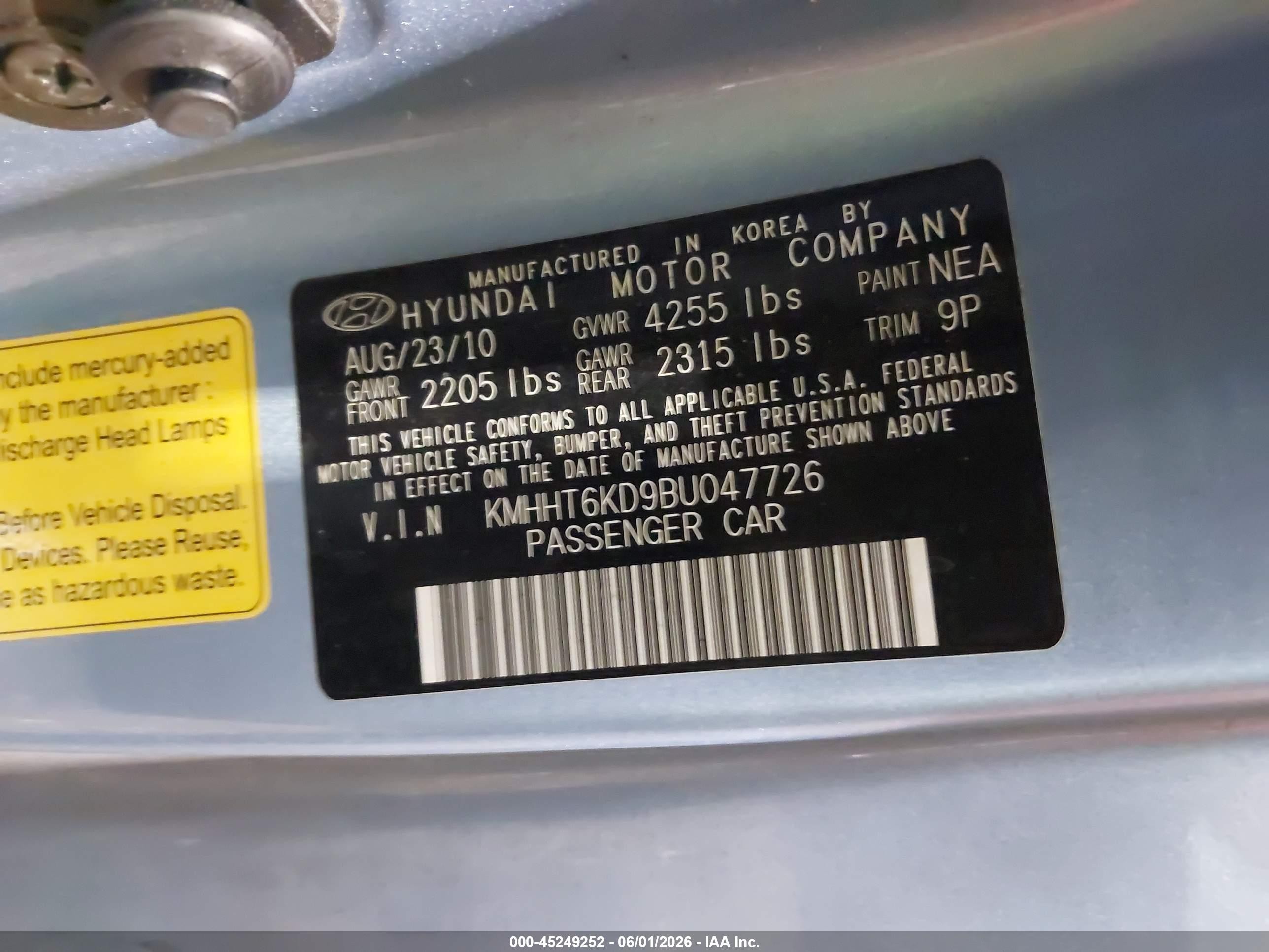 2011 Hyundai Genesis 2.0t Premium Blue vin: KMHHT6KD9BU047726