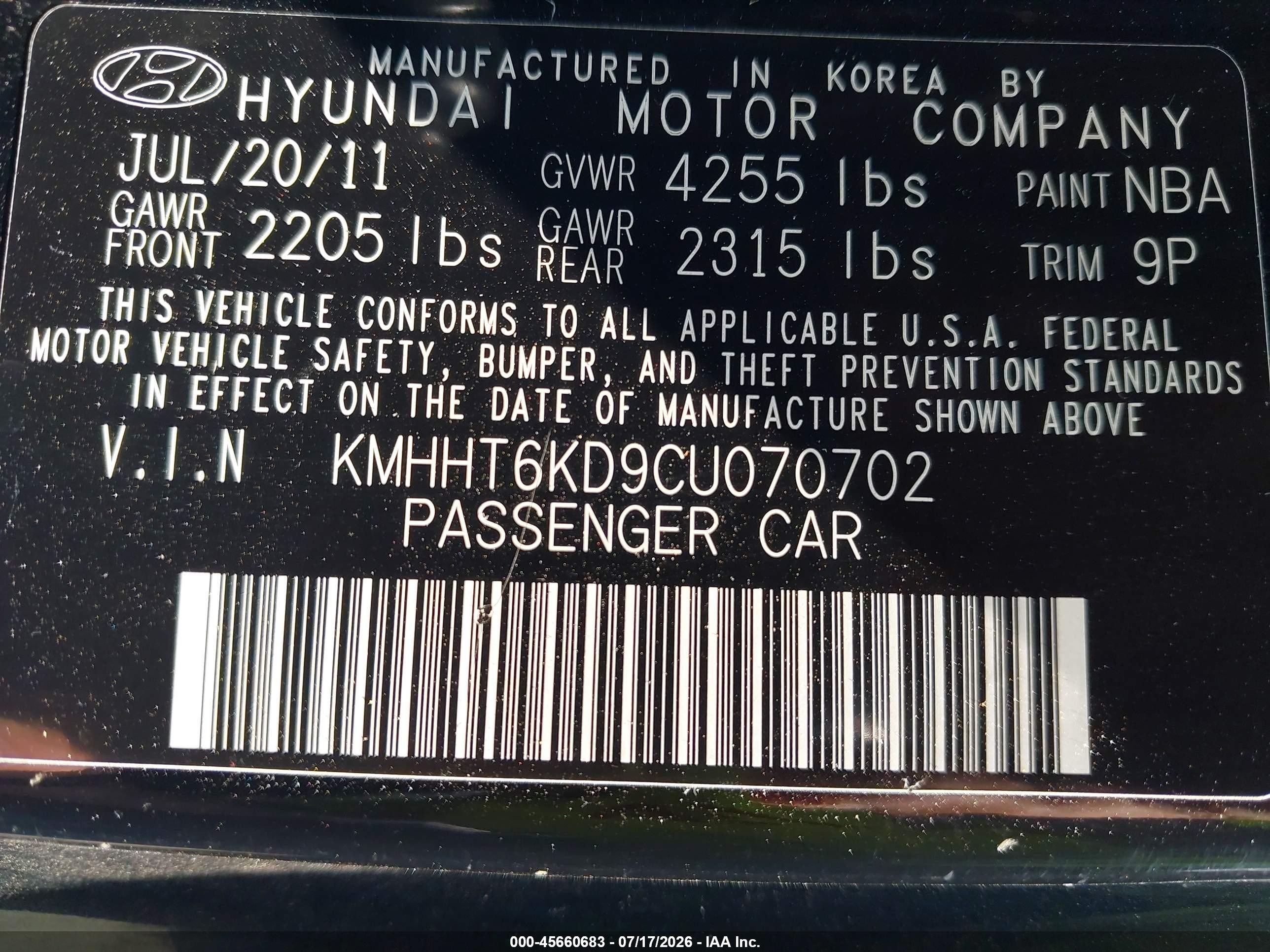 2012 Hyundai Genesis 2.0t Black vin: KMHHT6KD9CU070702