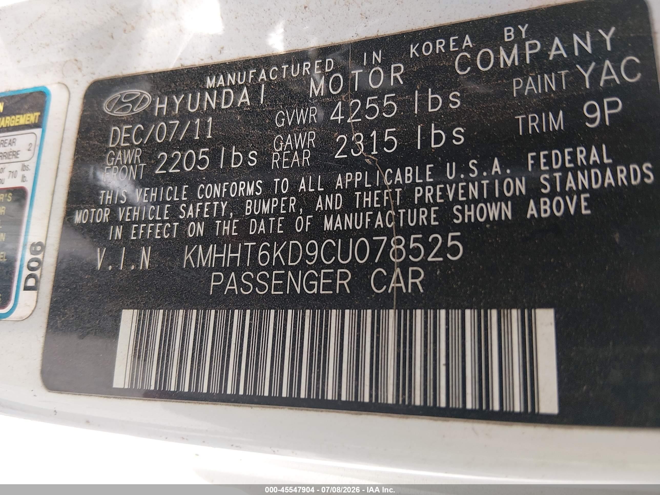2012 Hyundai Genesis 2.0t White vin: KMHHT6KD9CU078525