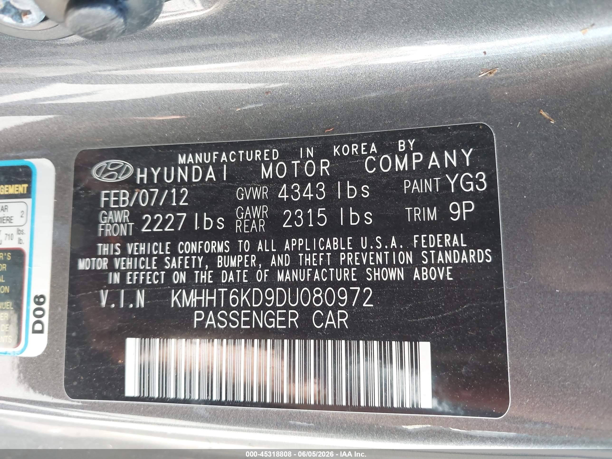 2013 Hyundai Genesis 2.0t Gray vin: KMHHT6KD9DU080972