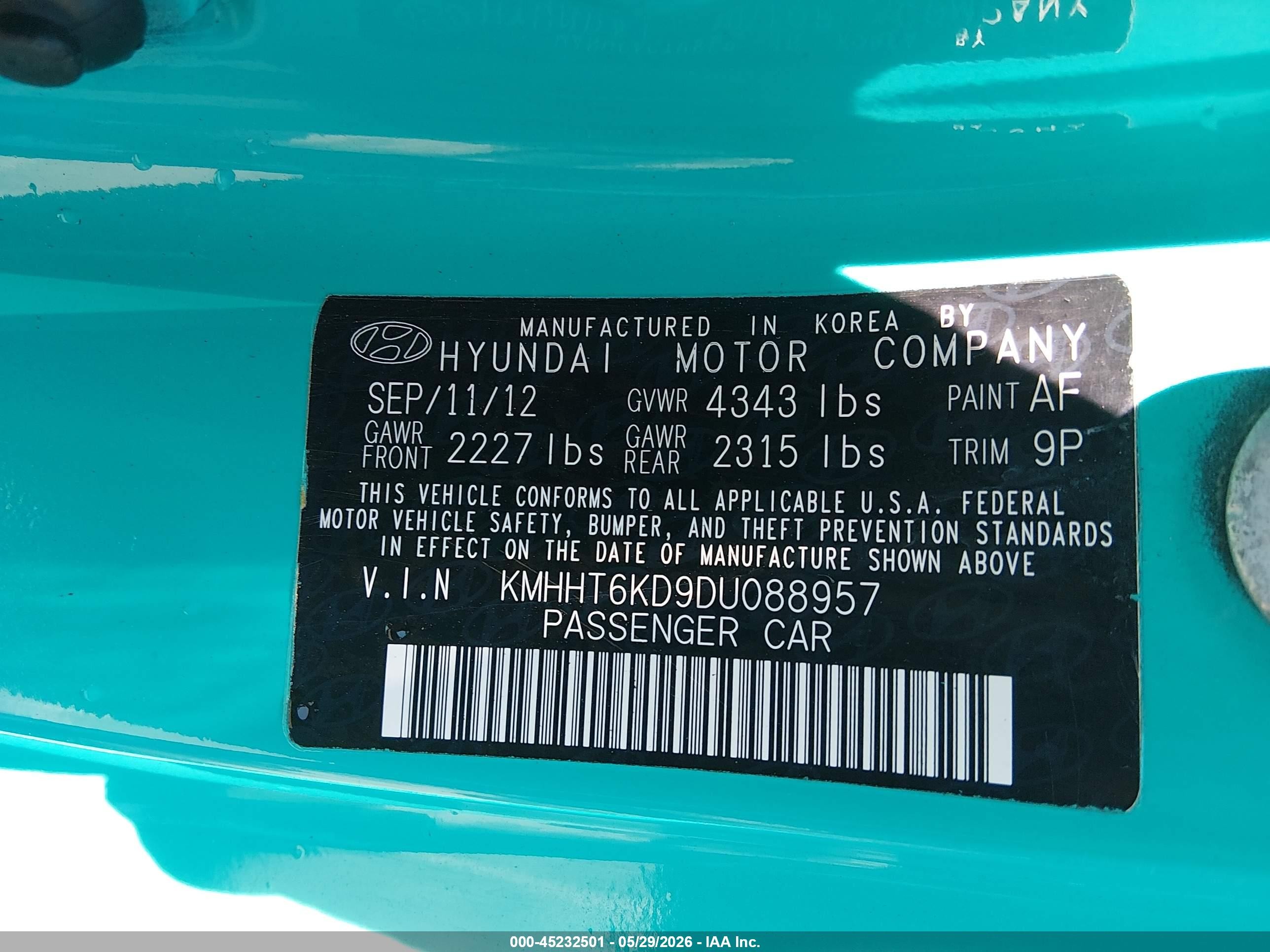 2013 Hyundai Genesis 2.0t Premium Turquoise vin: KMHHT6KD9DU088957