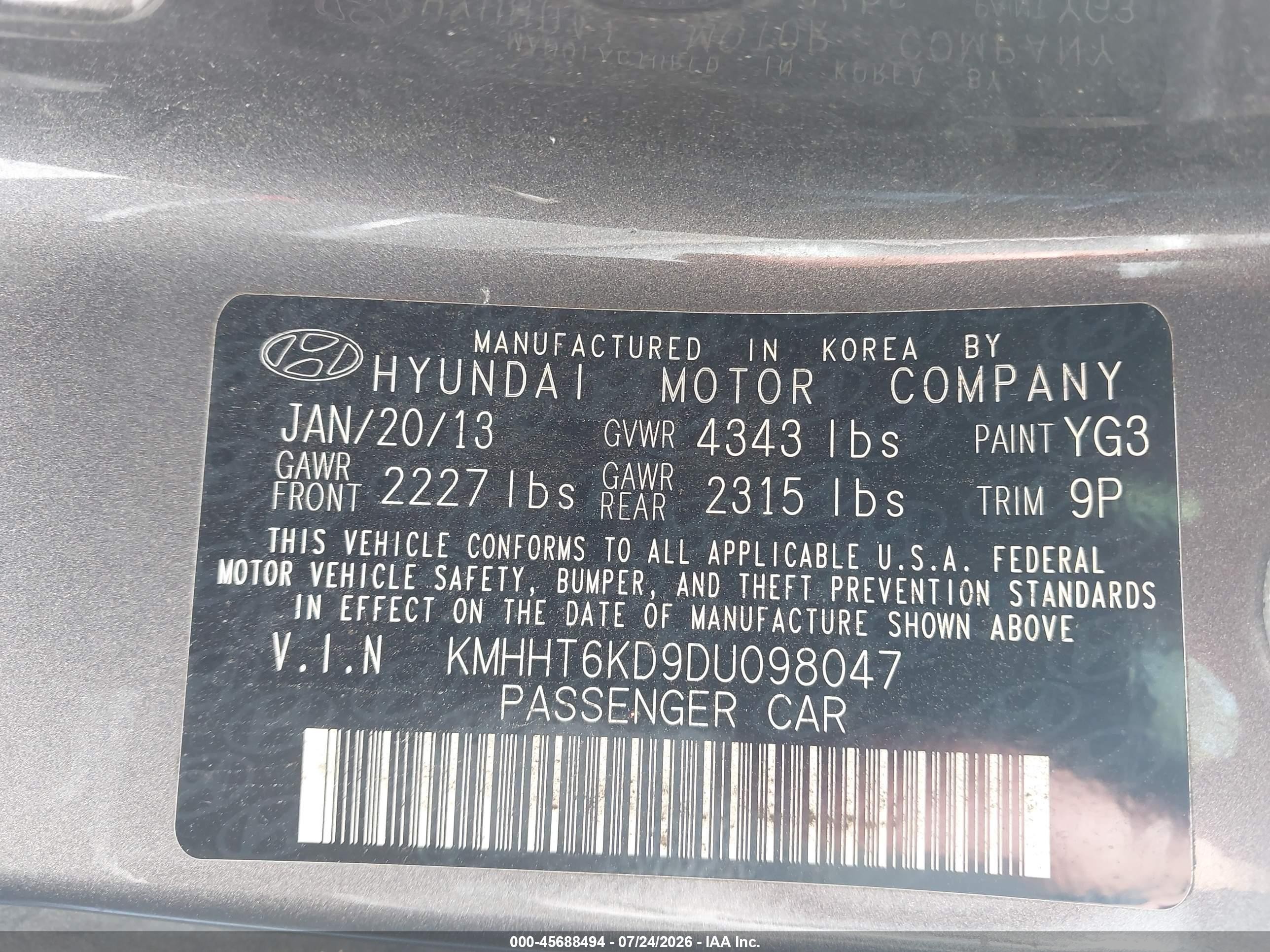 2013 Hyundai Genesis 2.0t Premium Gray vin: KMHHT6KD9DU098047