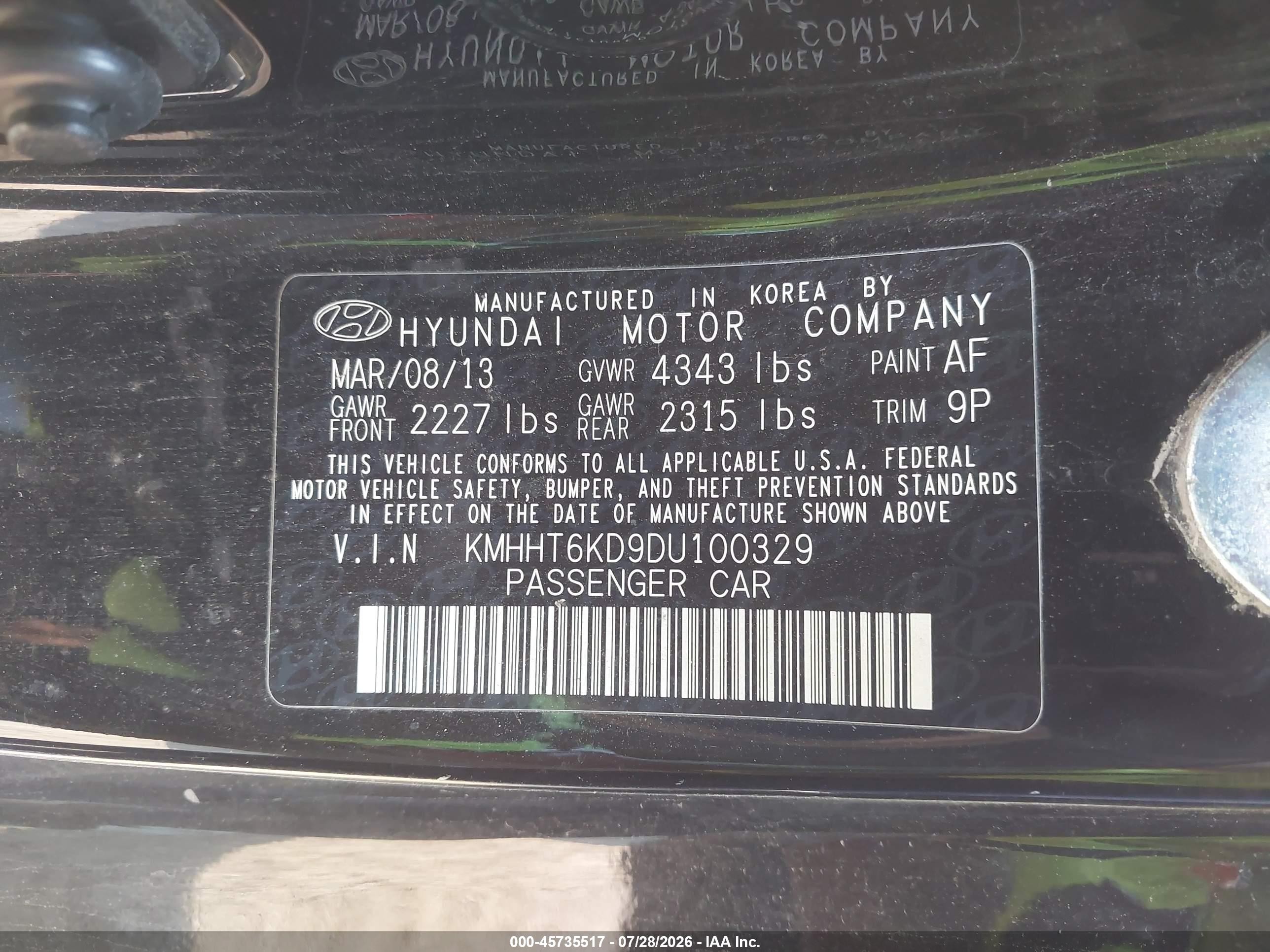 2013 Hyundai Genesis 2.0t Black vin: KMHHT6KD9DU100329