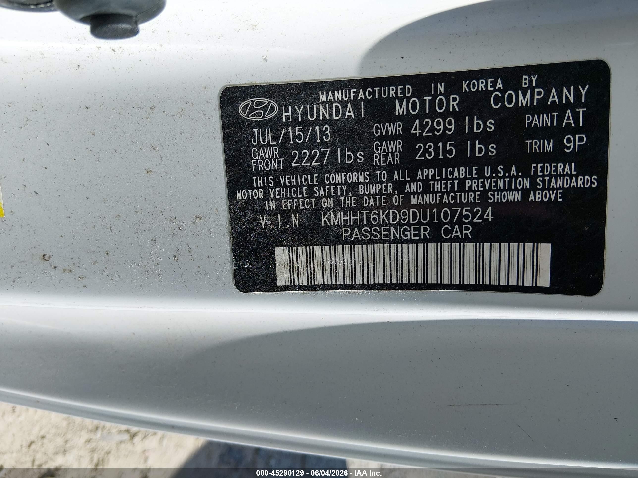 2013 Hyundai Genesis 2.0t White vin: KMHHT6KD9DU107524