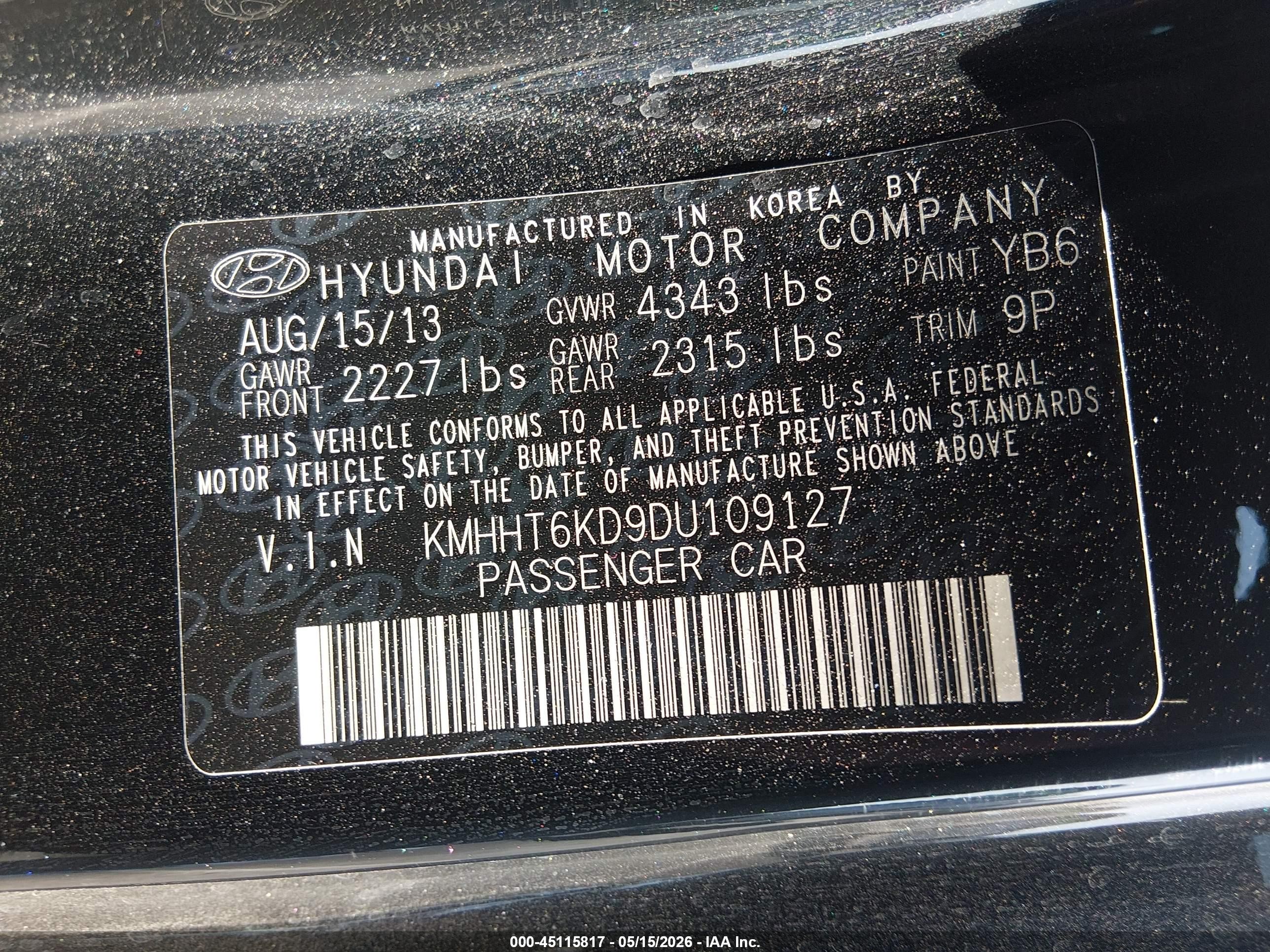 2013 Hyundai Genesis 2.0t Black vin: KMHHT6KD9DU109127