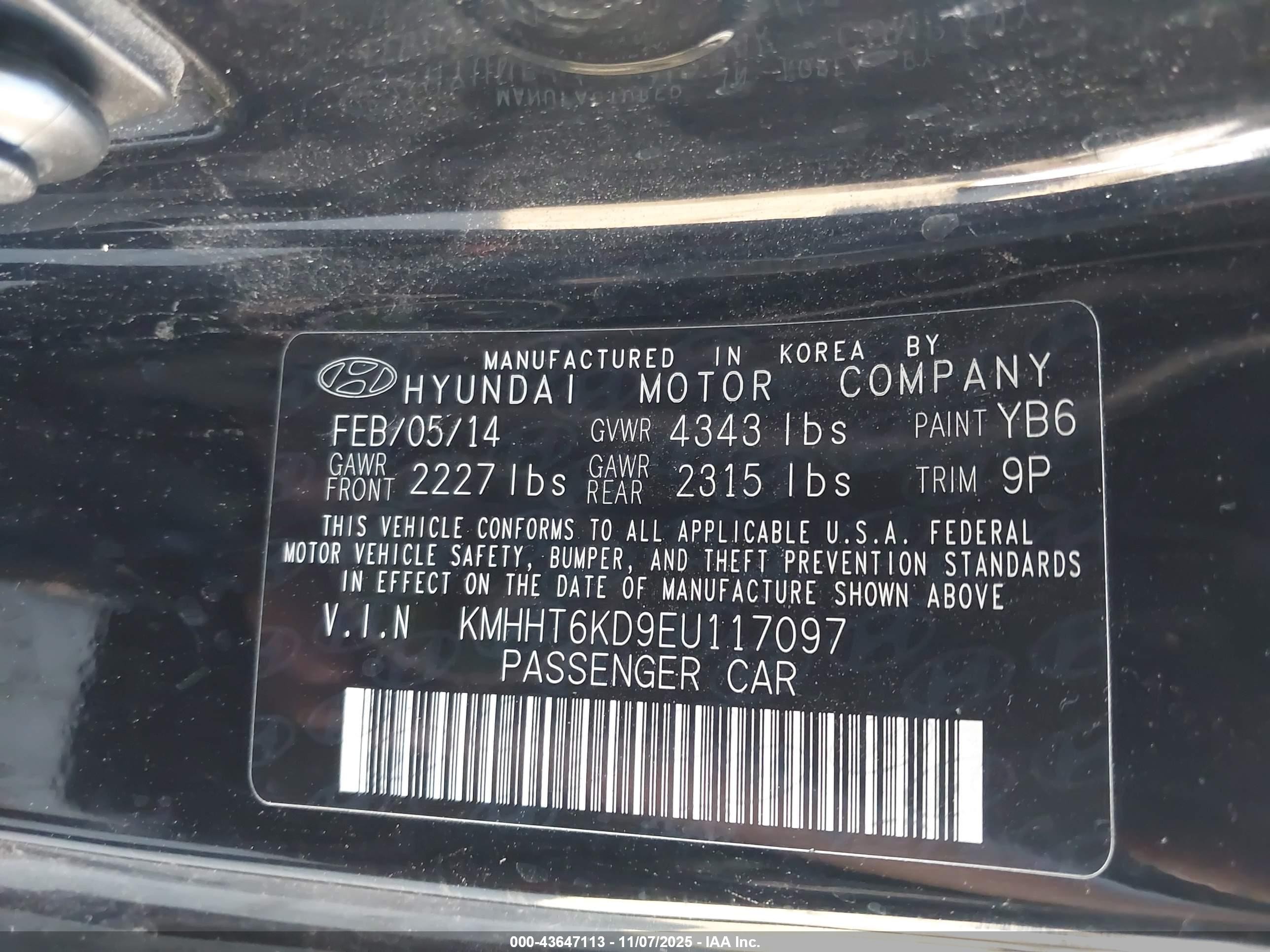 2014 Hyundai Genesis 2.0t Premium Black vin: KMHHT6KD9EU117097