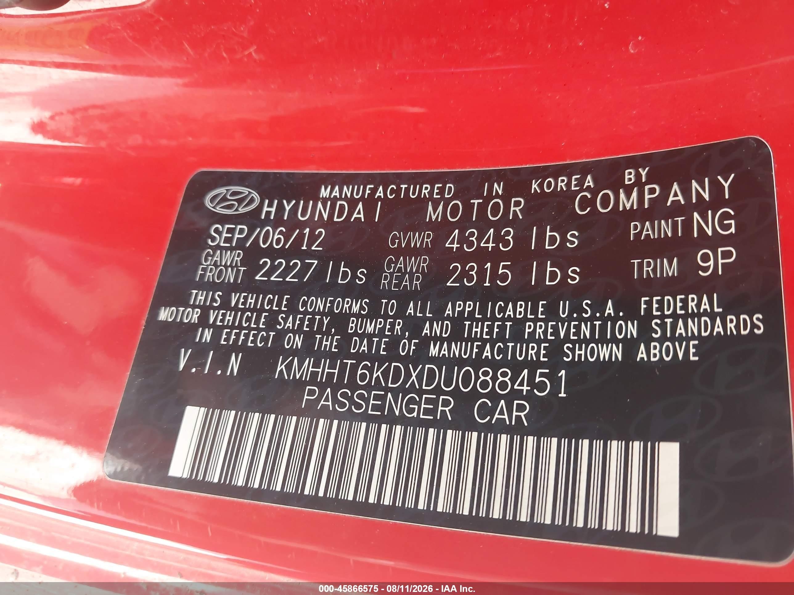2013 Hyundai Genesis 2.0t Red vin: KMHHT6KDXDU088451