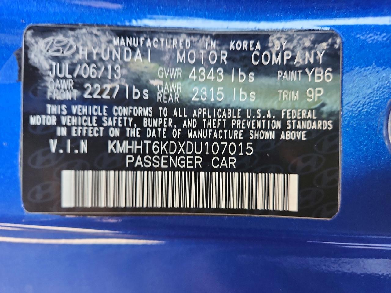 2013 Hyundai Genesis Coupe 2.0t Premium Blue vin: KMHHT6KDXDU107015