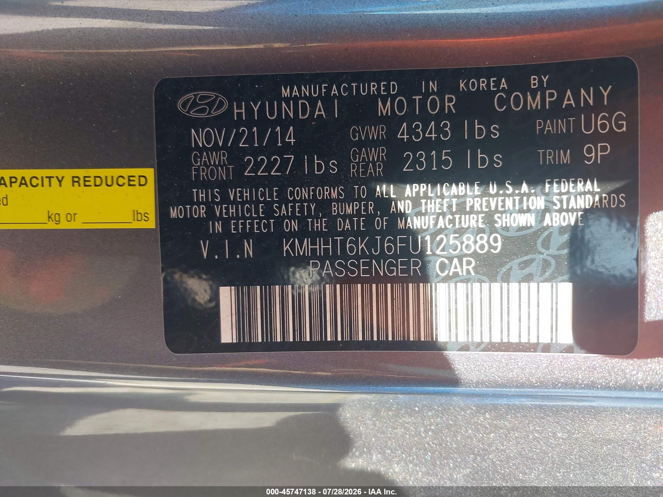 2015 Hyundai Genesis 3.8 Base Light Blue vin: KMHHT6KJ6FU125889