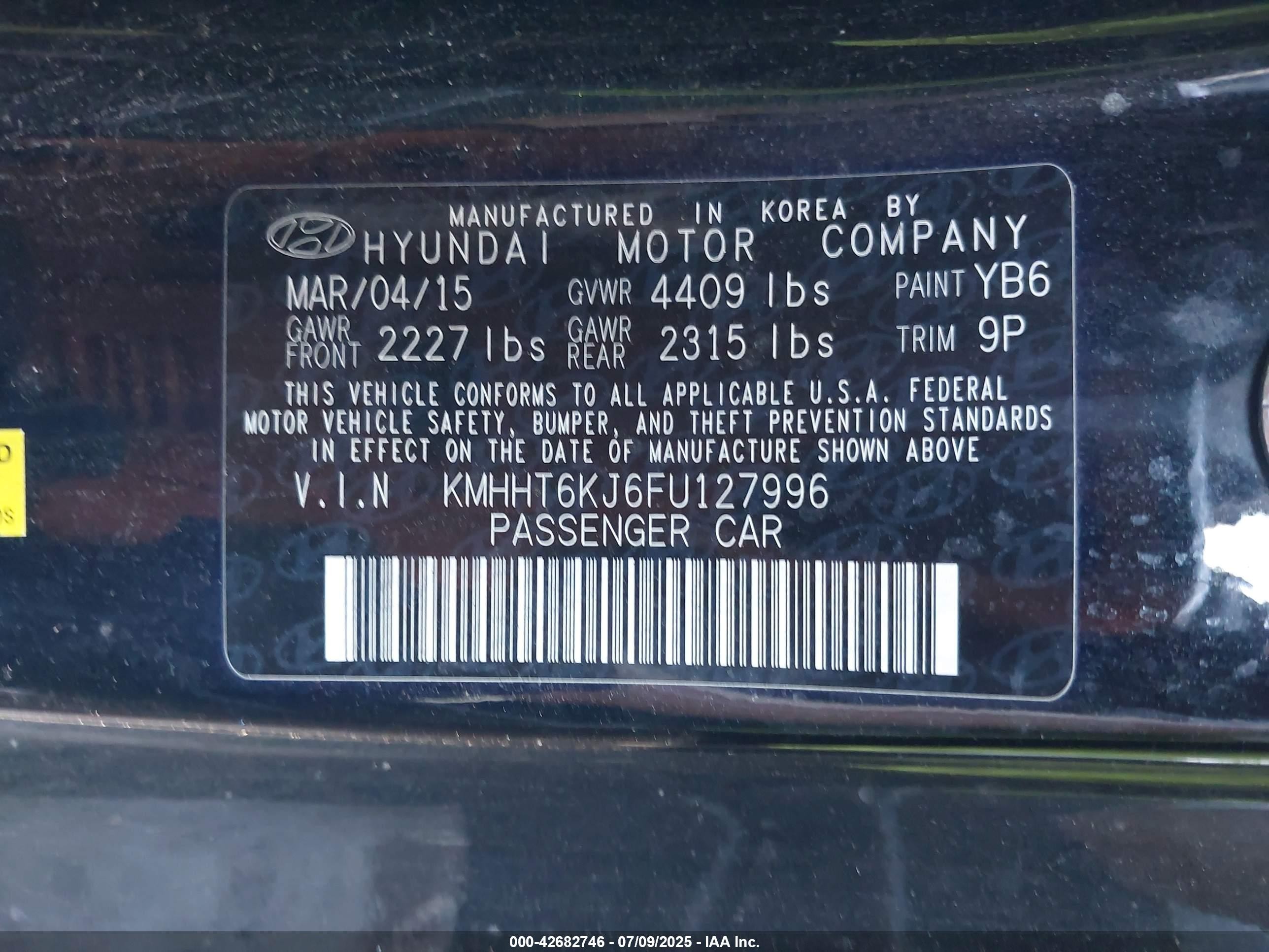 2015 Hyundai Genesis 3.8 Base Black vin: KMHHT6KJ6FU127996