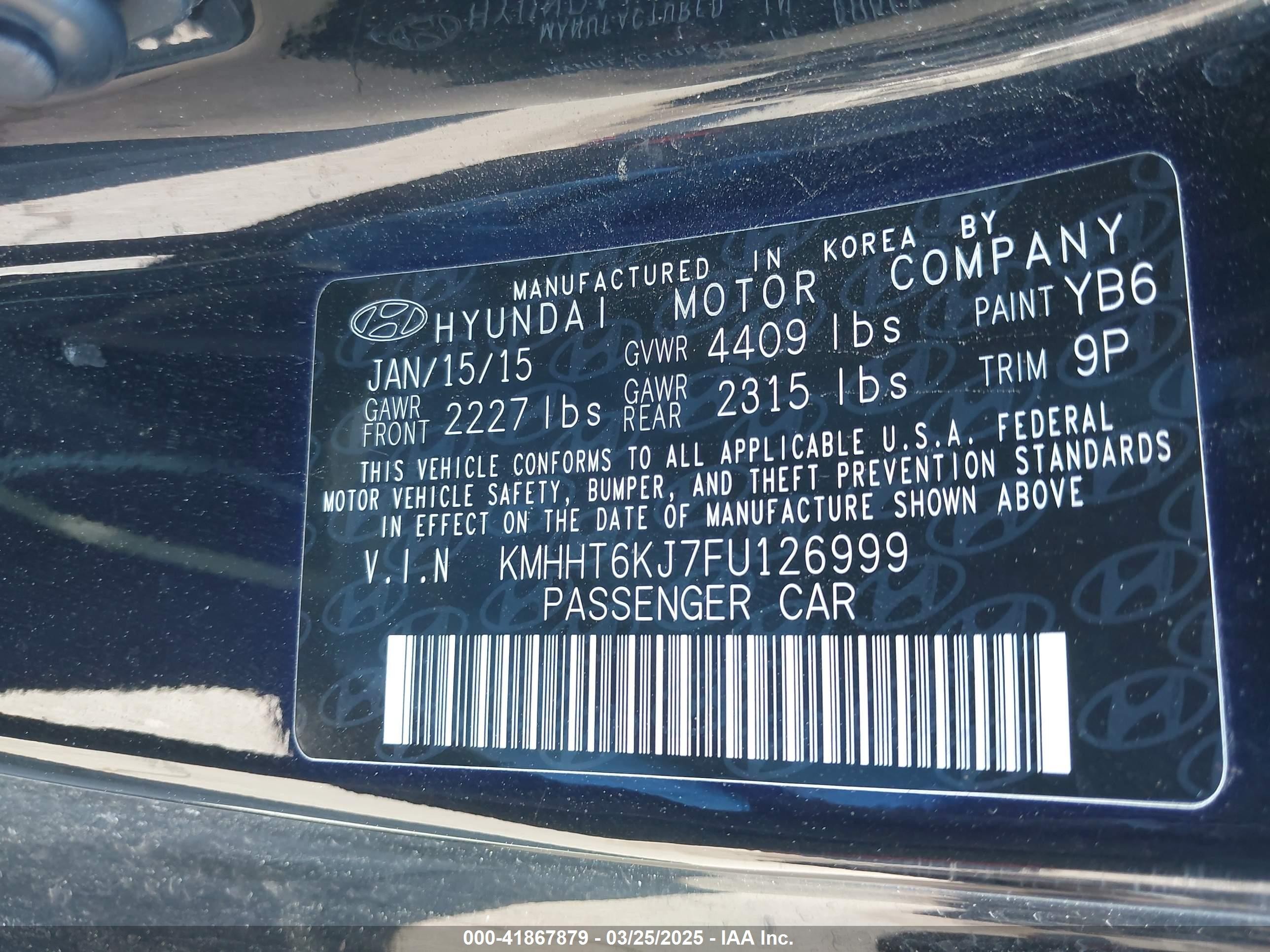 2015 Hyundai Genesis 3.8 Base Black vin: KMHHT6KJ7FU126999