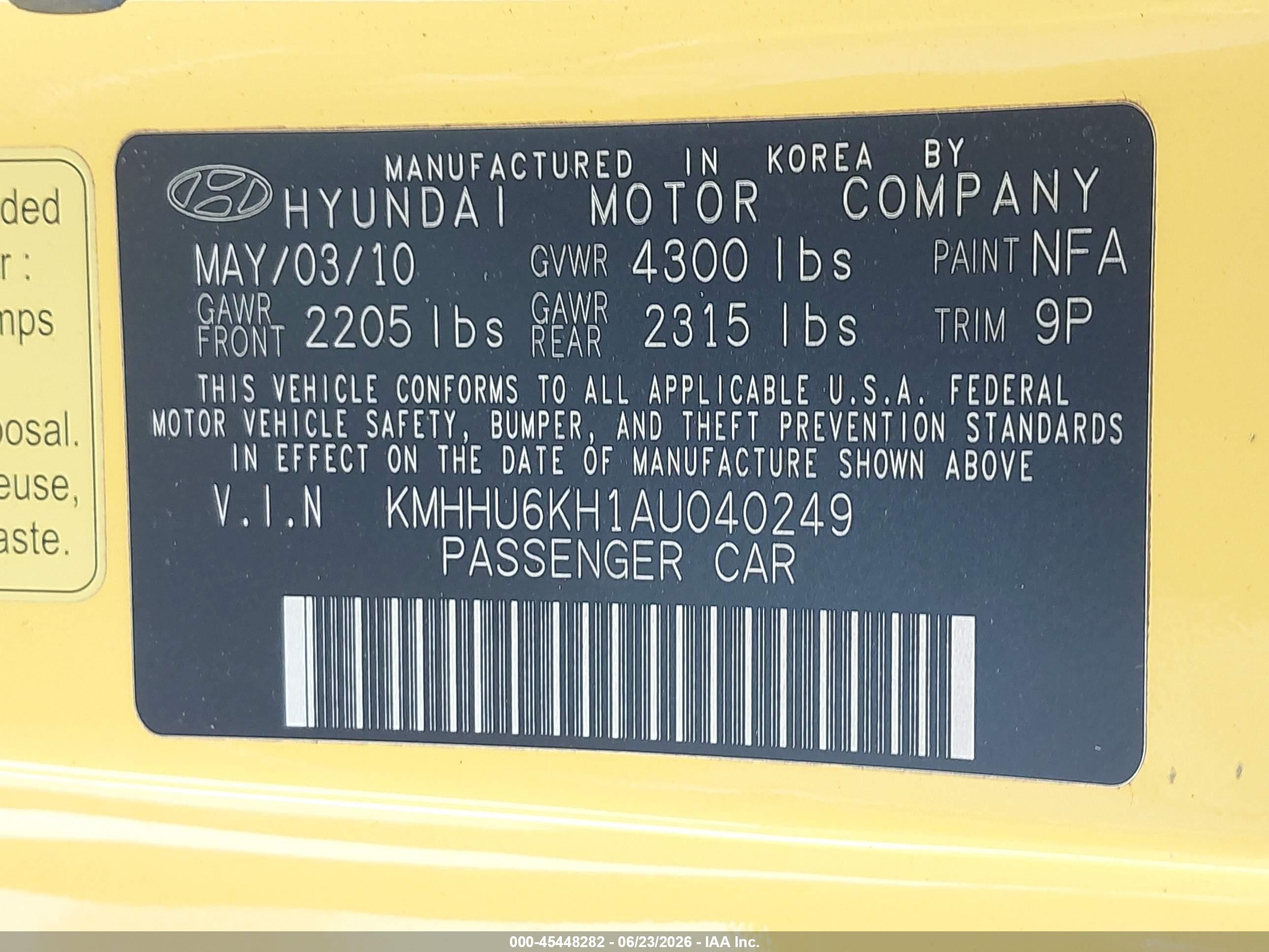 2010 Hyundai Genesis 3.8 Track Yellow vin: KMHHU6KH1AU040249