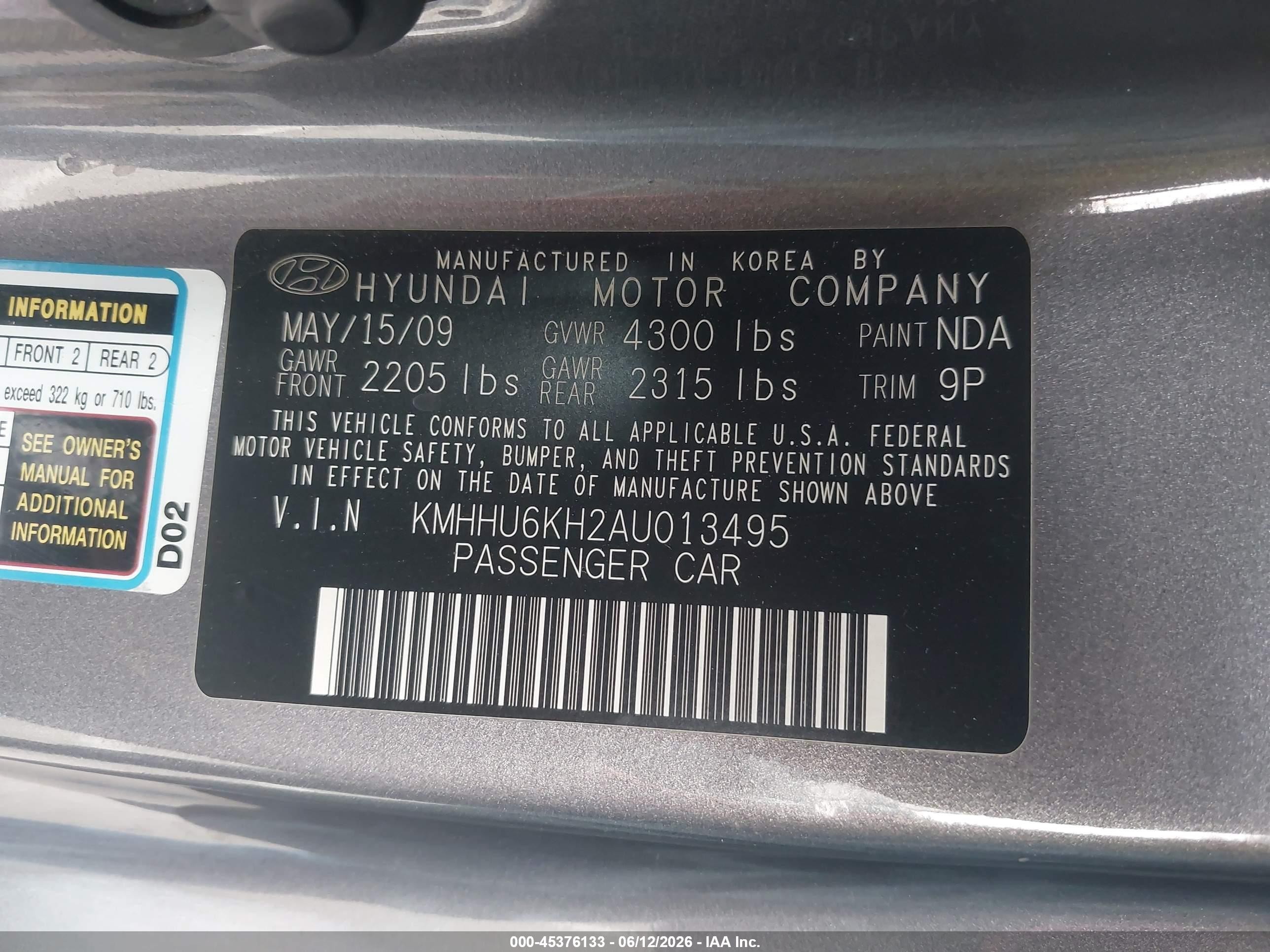 2010 Hyundai Genesis 3.8 Gray vin: KMHHU6KH2AU013495