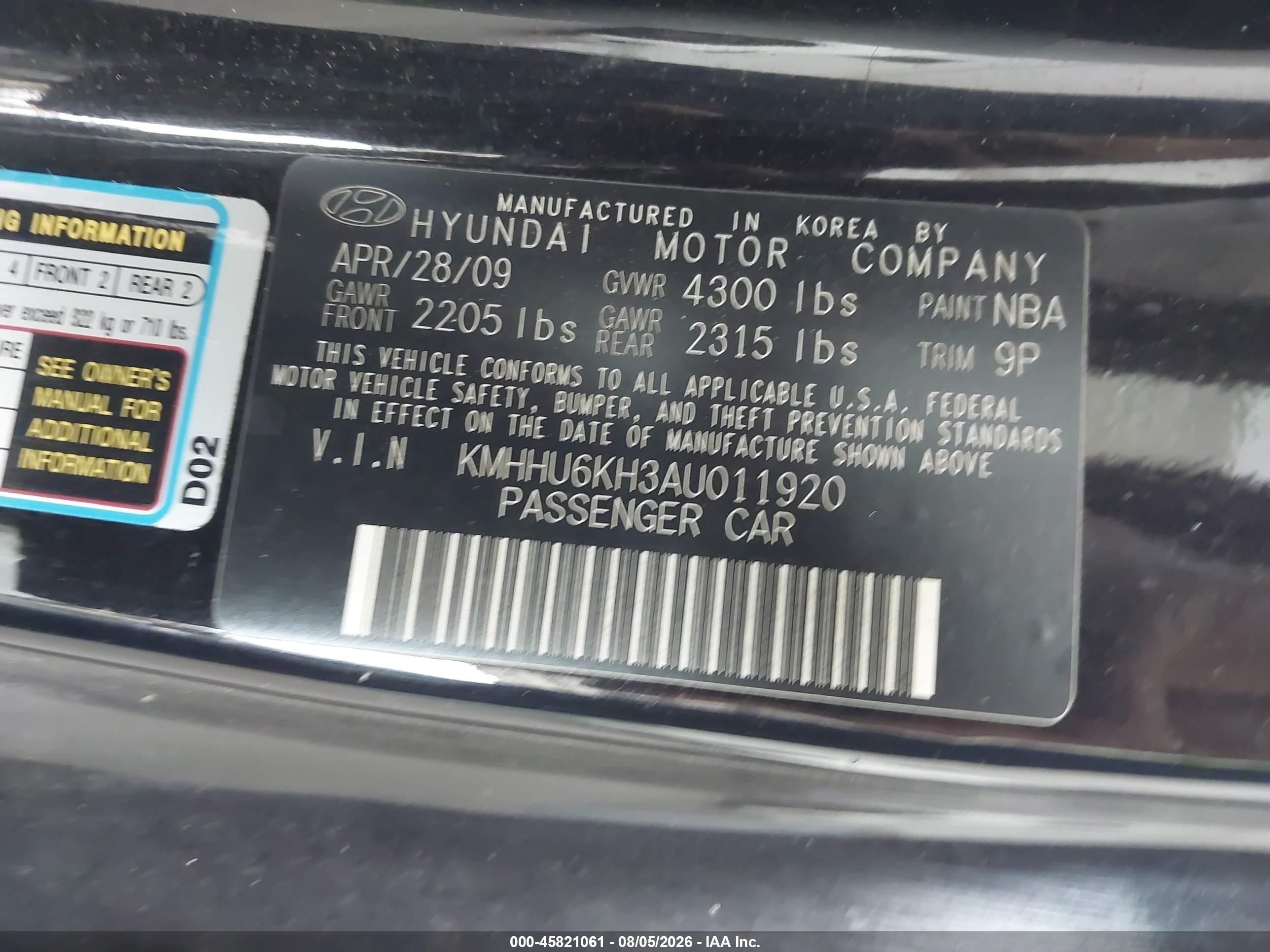2010 Hyundai Genesis 3.8 Black vin: KMHHU6KH3AU011920