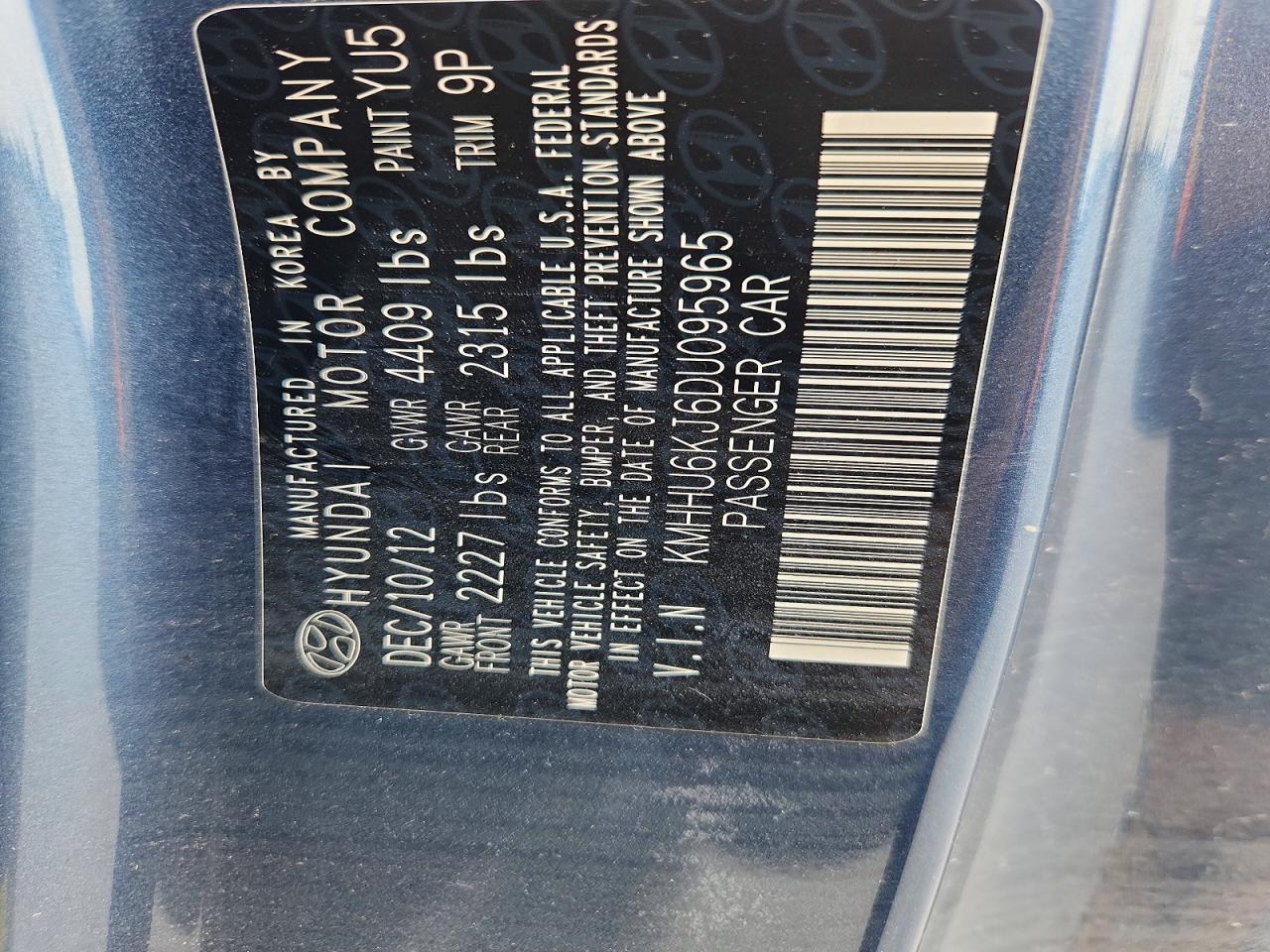 2013 Hyundai Genesis Coupe 3.8l Blue vin: KMHHU6KJ6DU095965