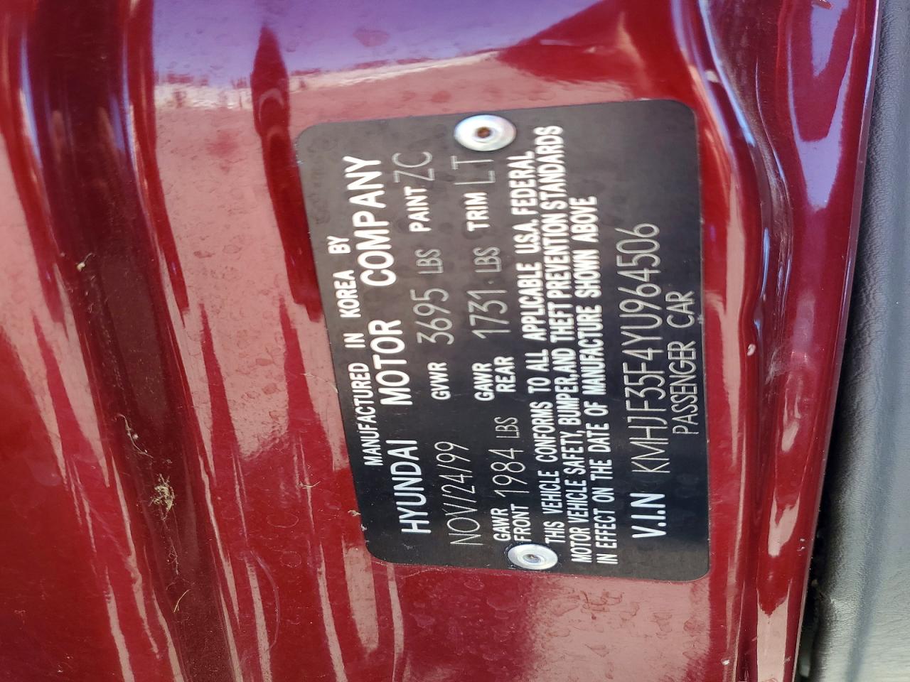 2000 Hyundai Elantra Gls Maroon vin: KMHJF35F4YU964506