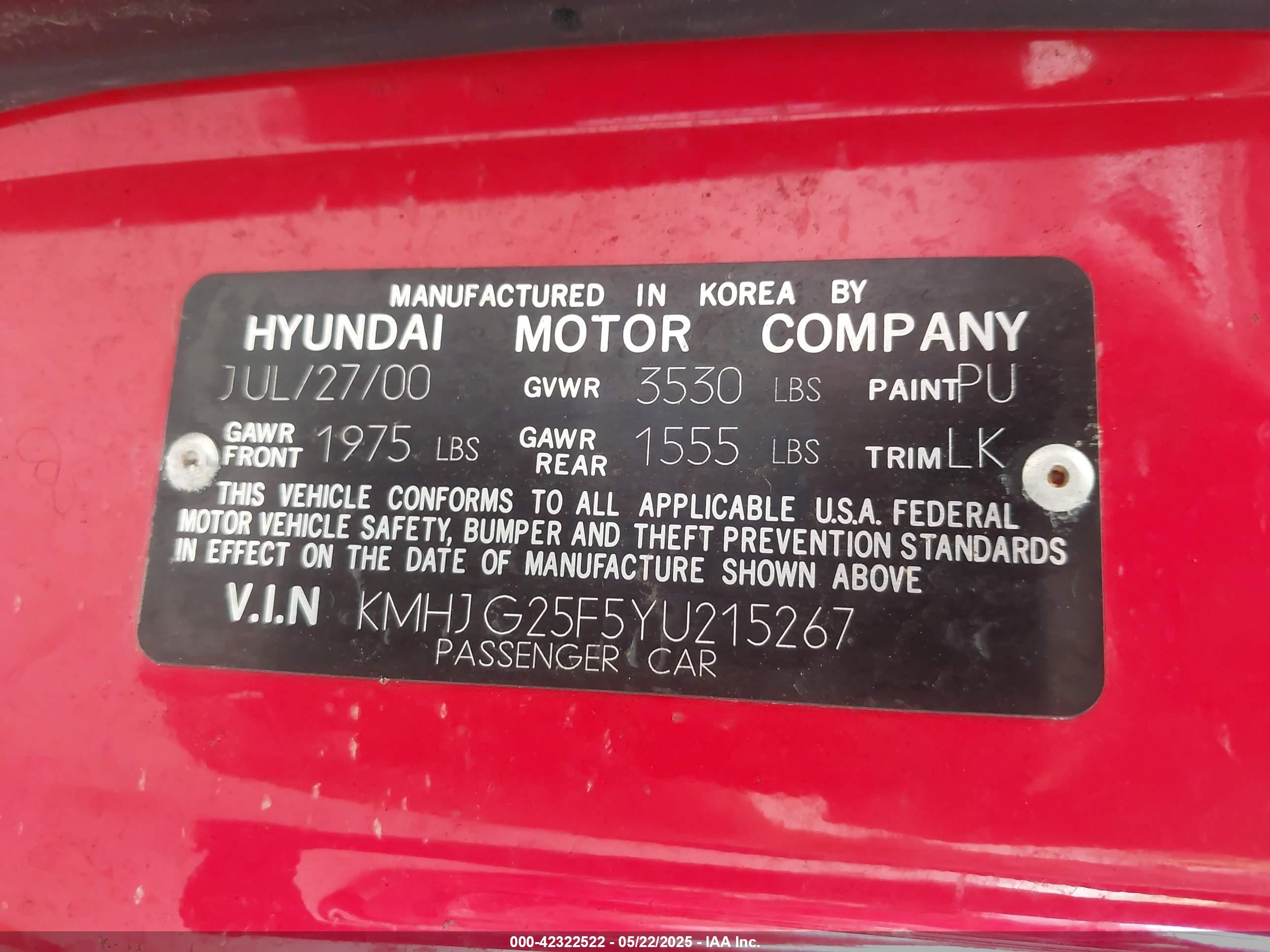 2000 Hyundai Tiburon Base Pkg 1, 2   5/base Pkg 3   4 Red vin: KMHJG25F5YU215267