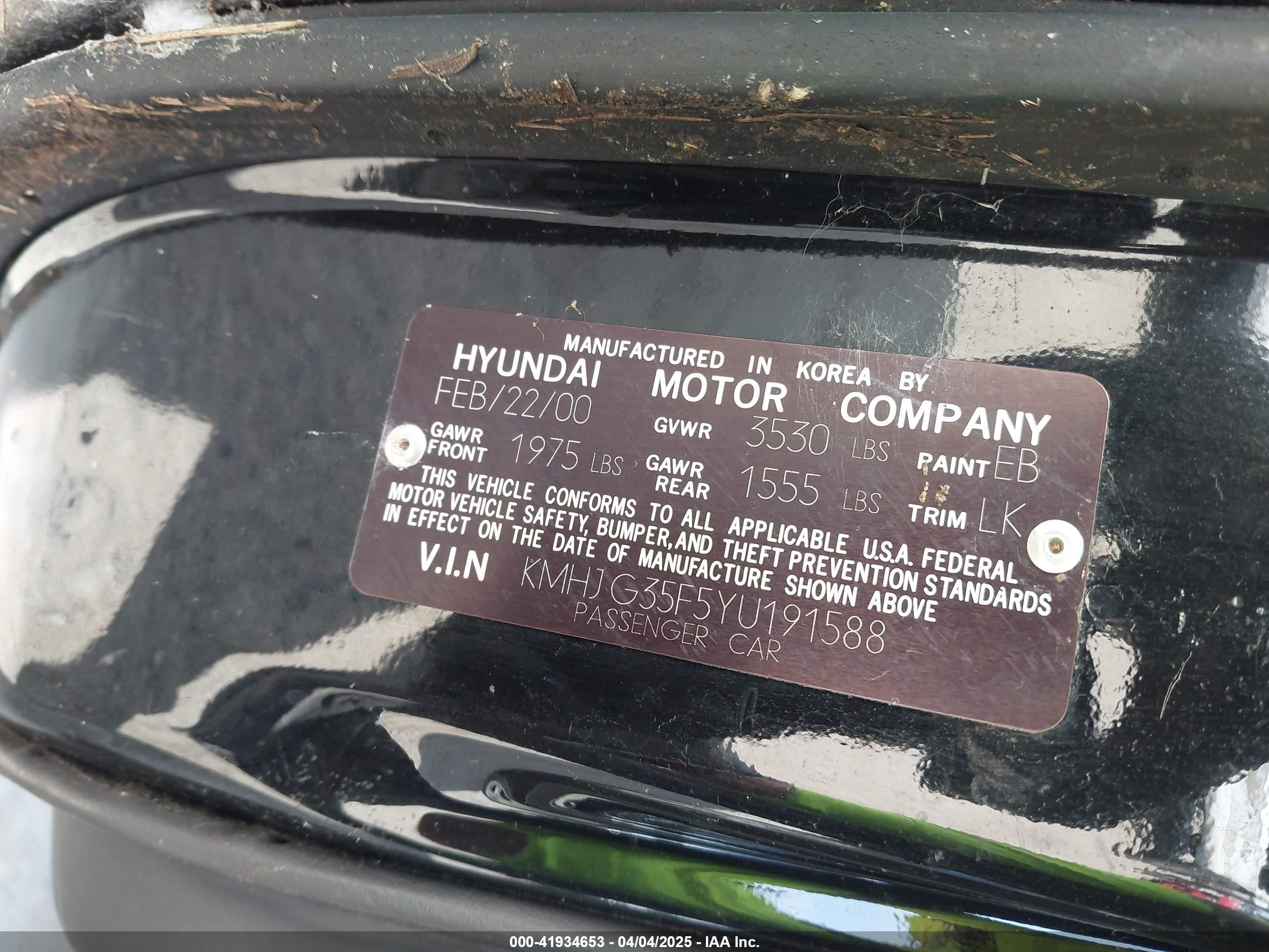 2000 Hyundai Tiburon   Black vin: KMHJG35F5YU191588