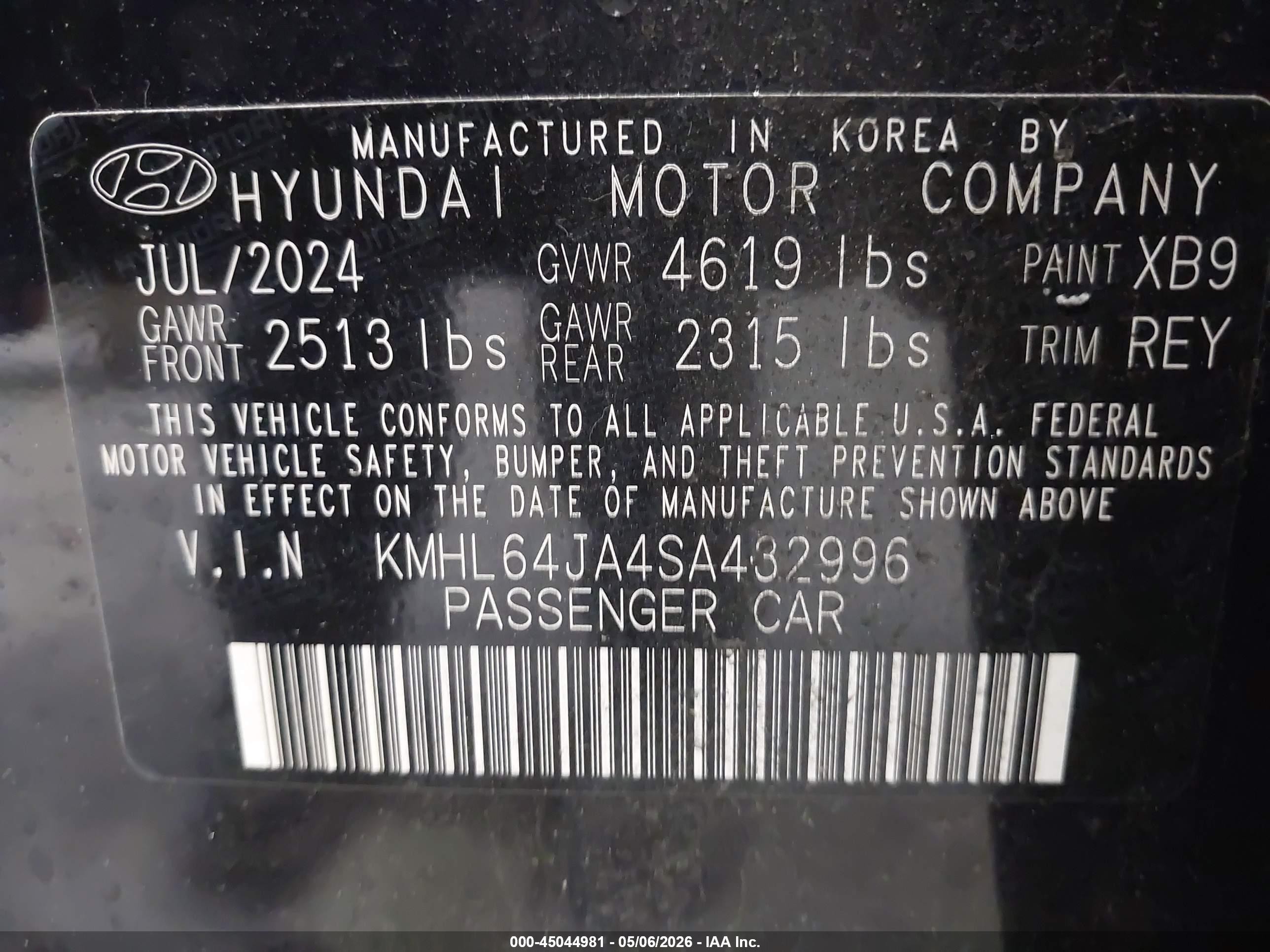 2025 Hyundai Sonata Sel Black vin: KMHL64JA4SA432996