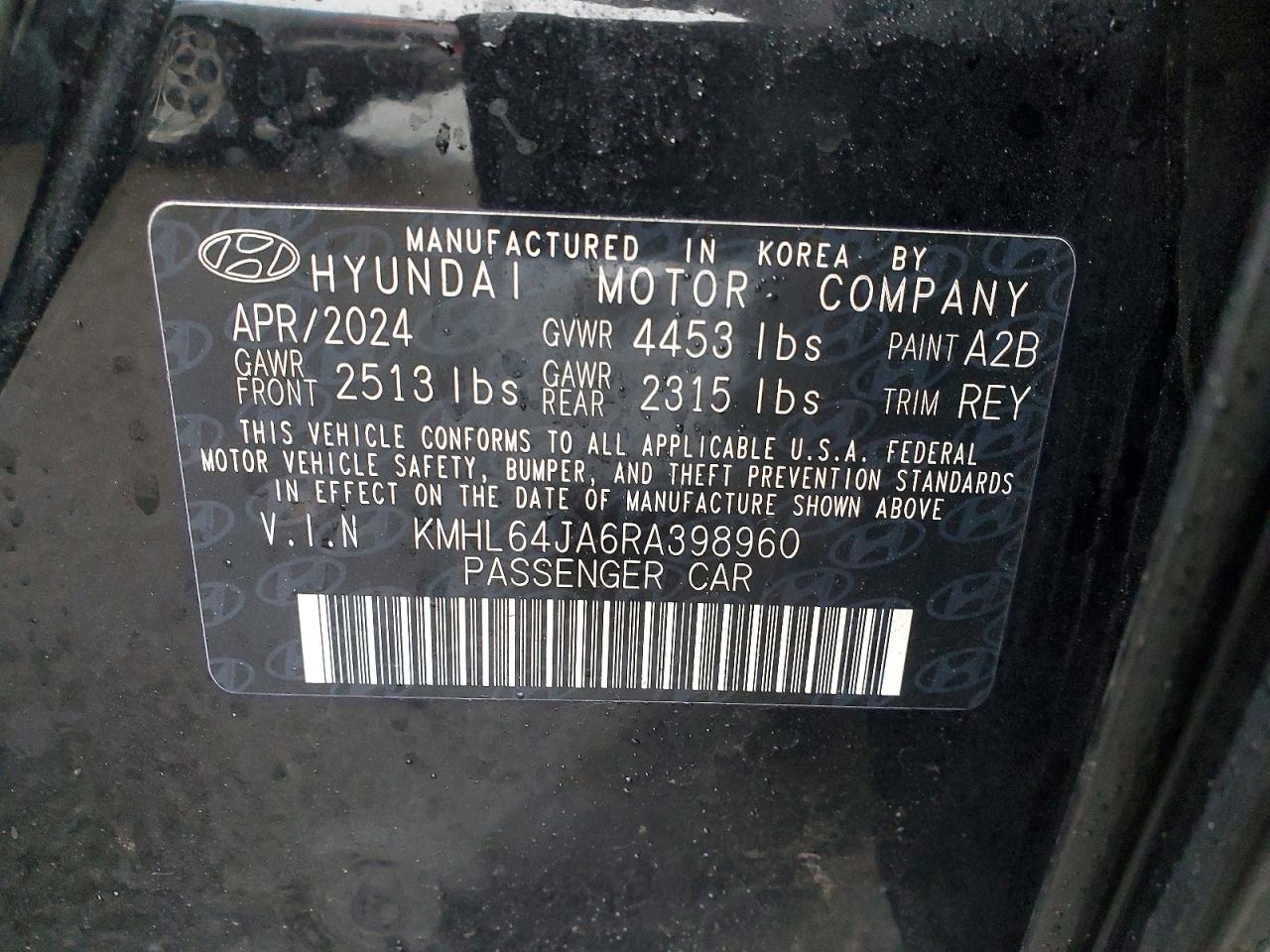 2024 Hyundai Sonata Sel Black vin: KMHL64JA6RA398960