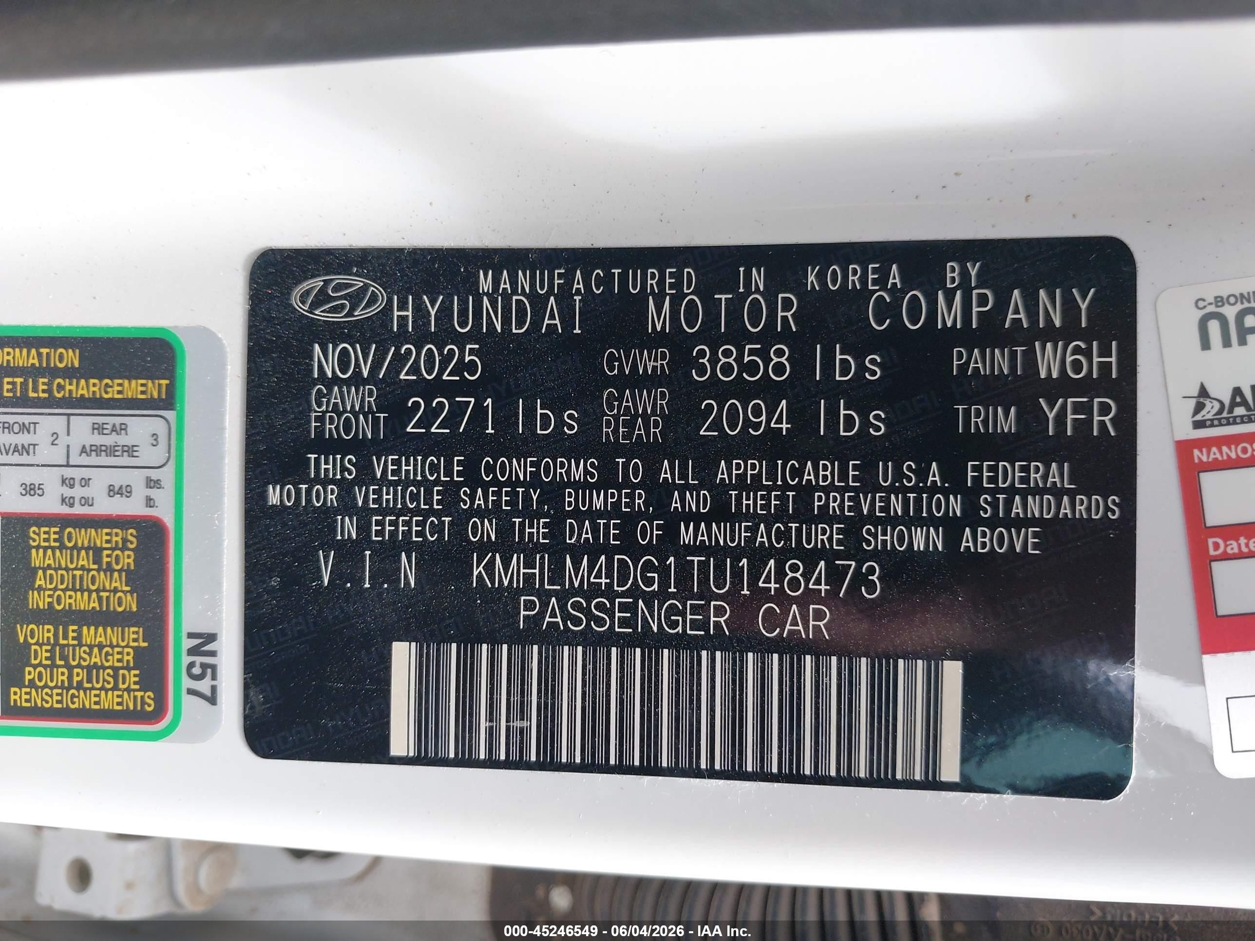 2026 Hyundai Elantra Sel Sport White vin: KMHLM4DG1TU148473