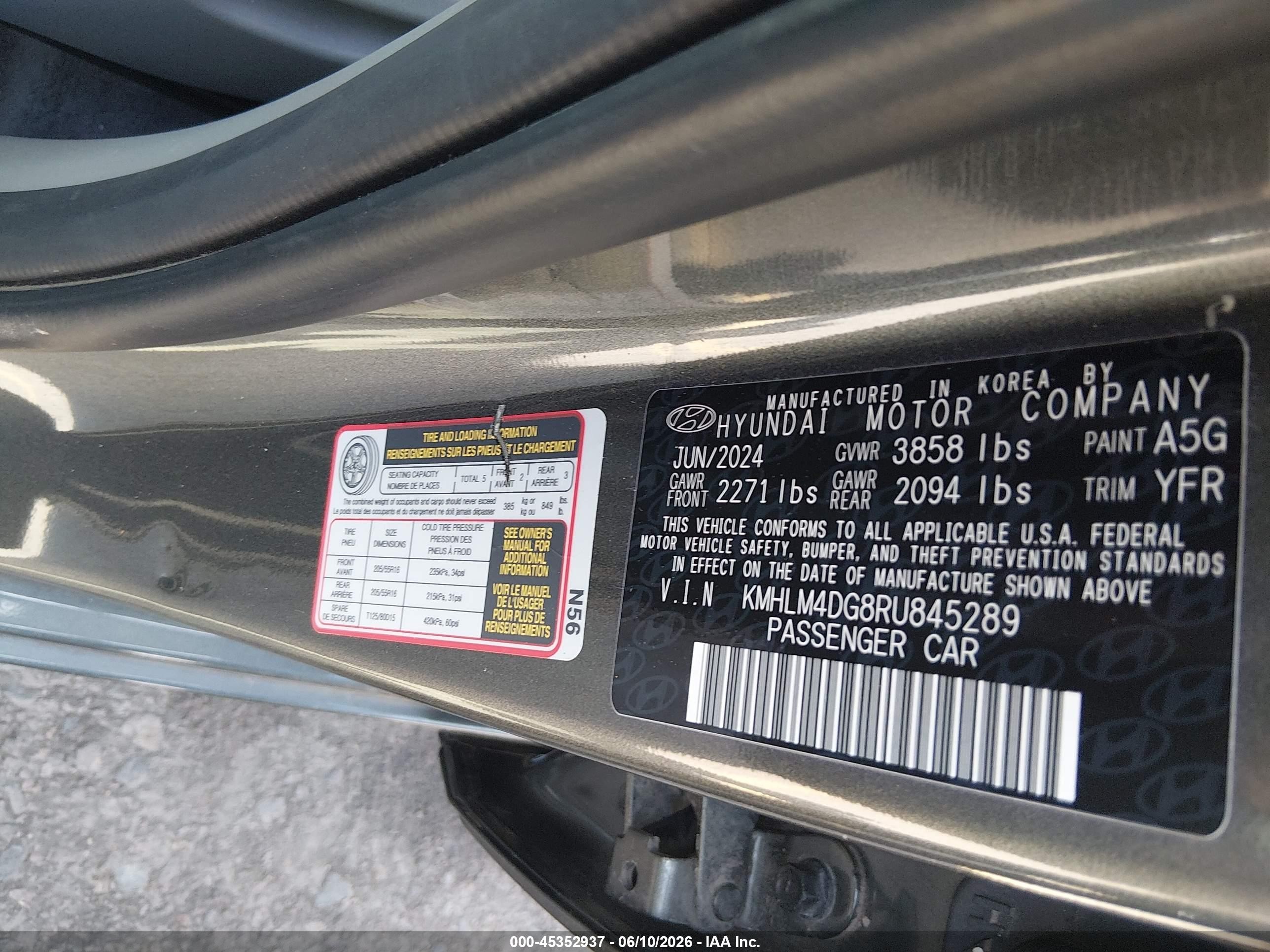 2024 Hyundai Elantra Sel vin: KMHLM4DG8RU845289