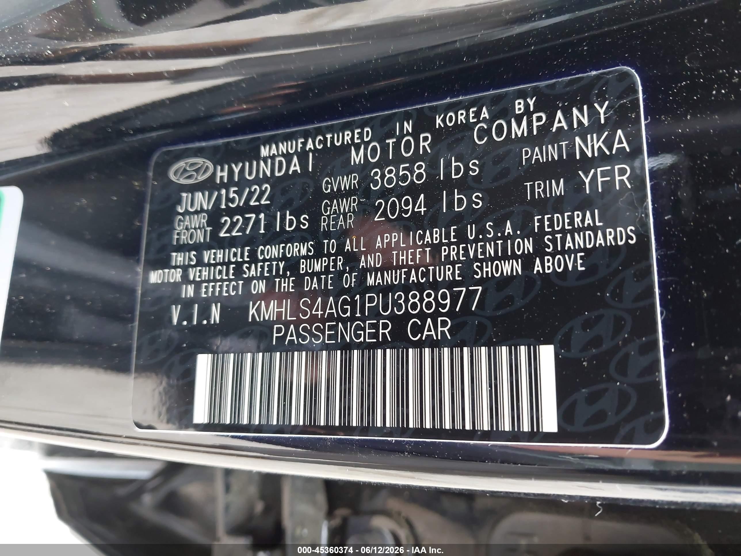 2023 Hyundai Elantra Sel Black vin: KMHLS4AG1PU388977